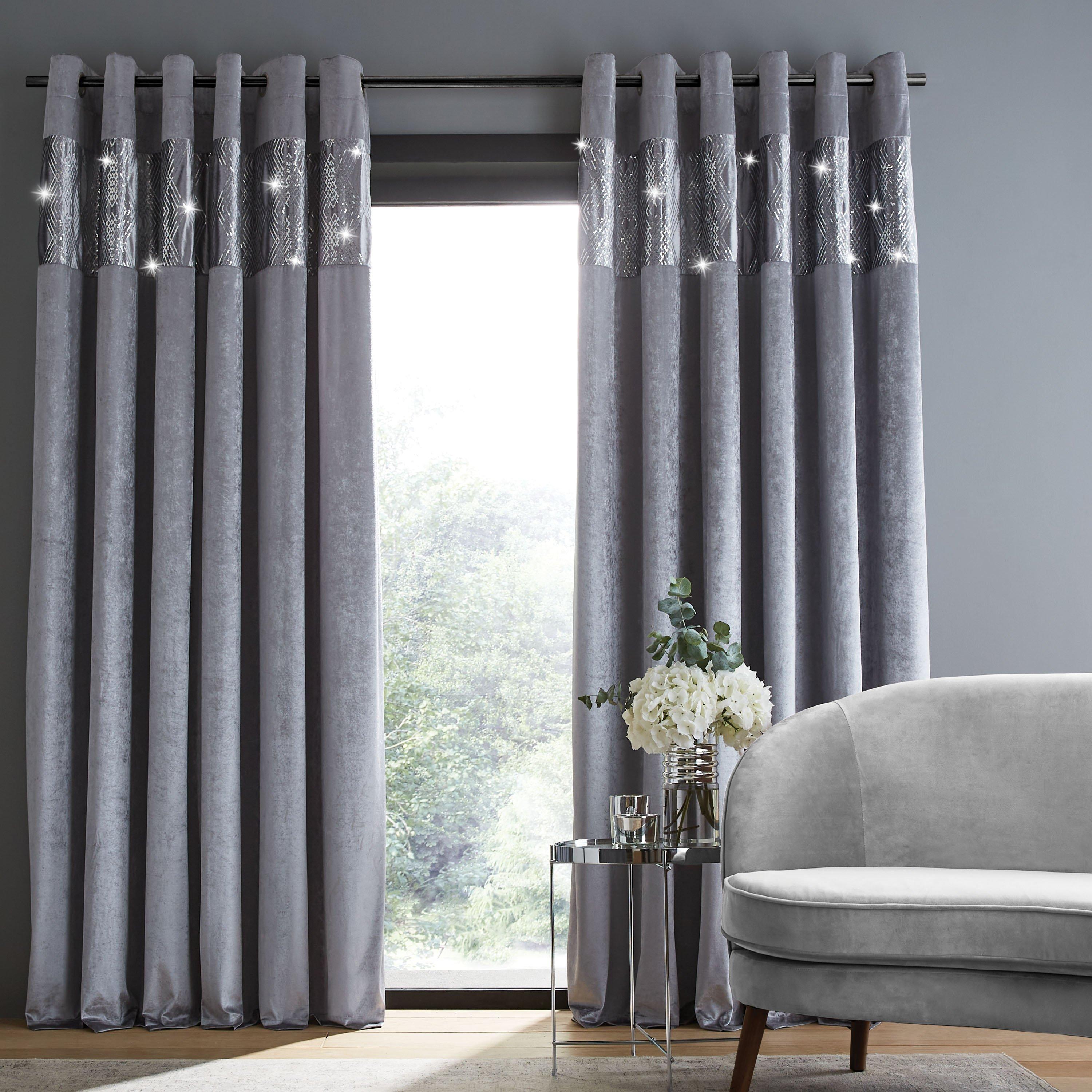 Grey - Catherine Lansfield - Crushed Velvet Sequin Lined Eyelet Curtains - 2