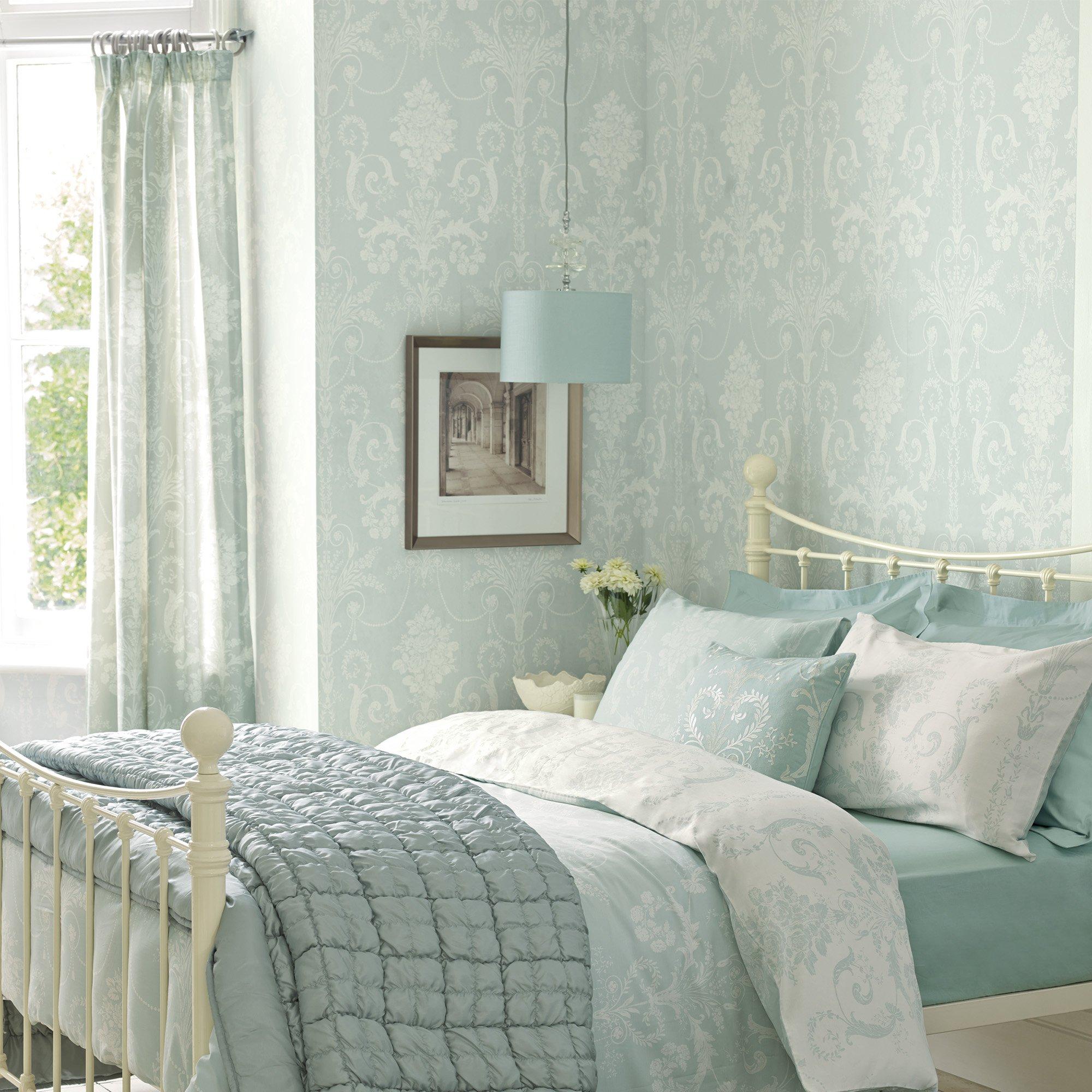 Green - Laura Ashley - Josette Duck Egg Damask Wallpaper - 1