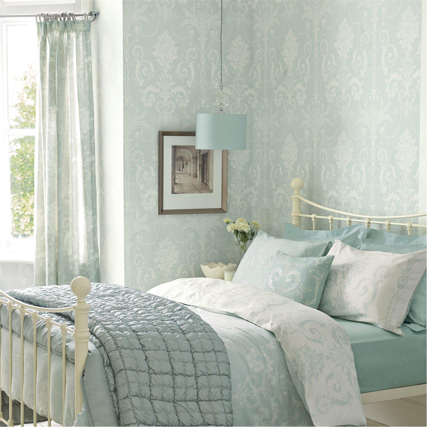 Laura Ashley  Josette Duck Egg Damask Wallpaper - Green
