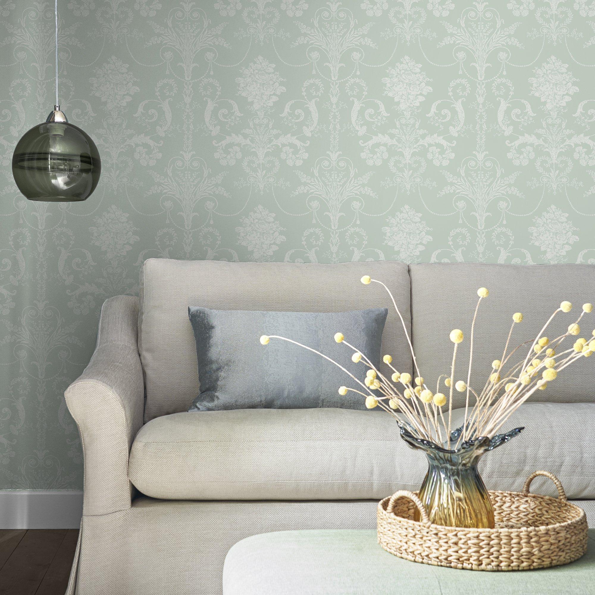 Green - Laura Ashley - Josette Duck Egg Damask Wallpaper - 2