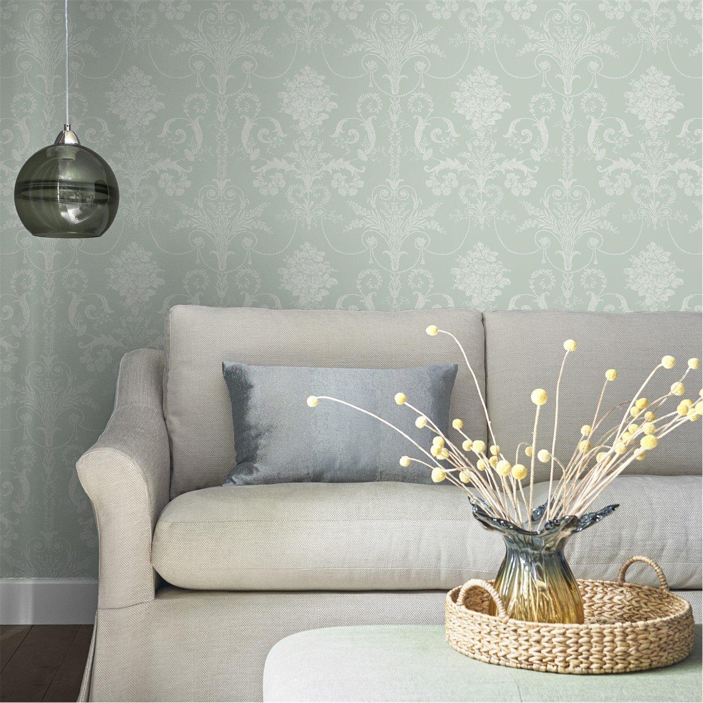 Green - Laura Ashley - Josette Duck Egg Damask Wallpaper - 5