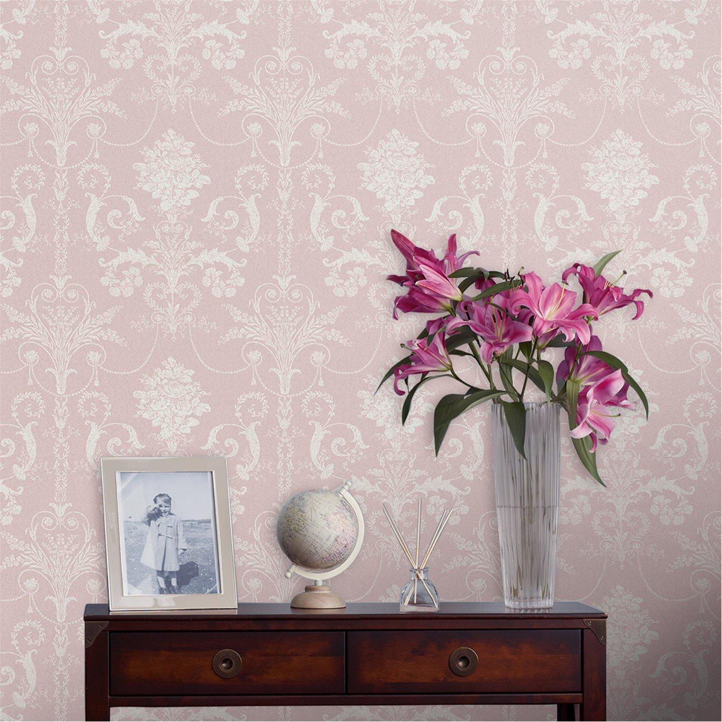 Laura Ashley  Josette Damask Amethyst Wallpaper - Pink