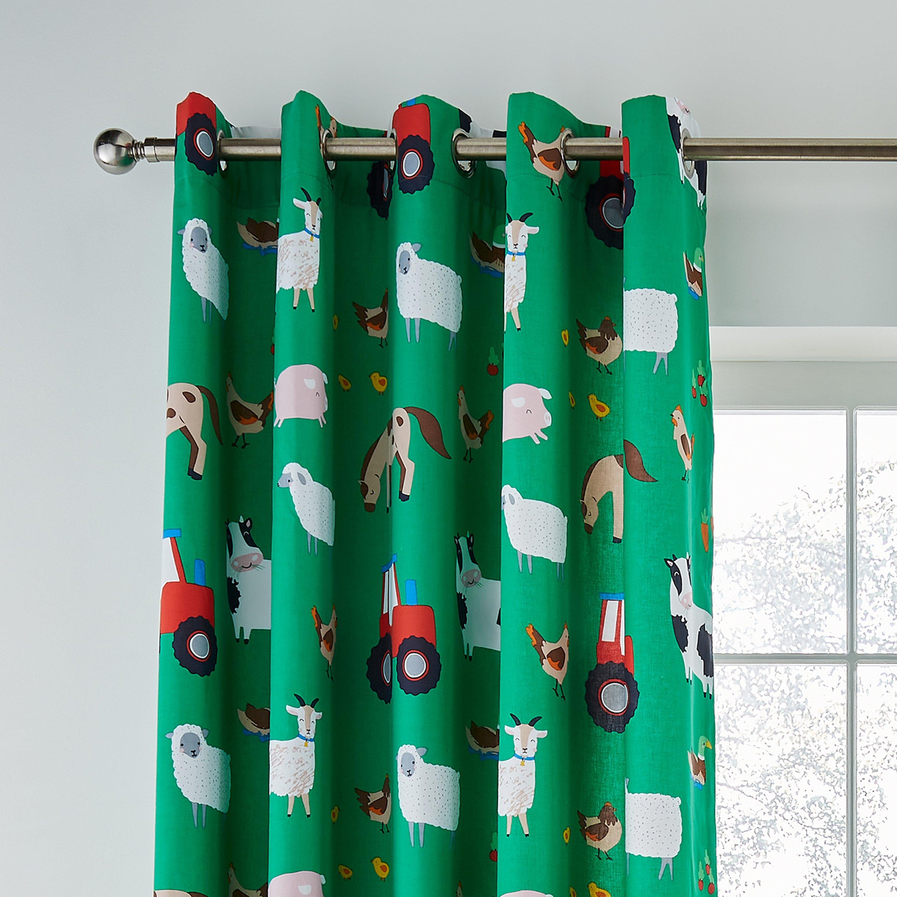 Green - Catherine Lansfield - Farmyard Animals Fully Reversible Eyelet Curtains - 1