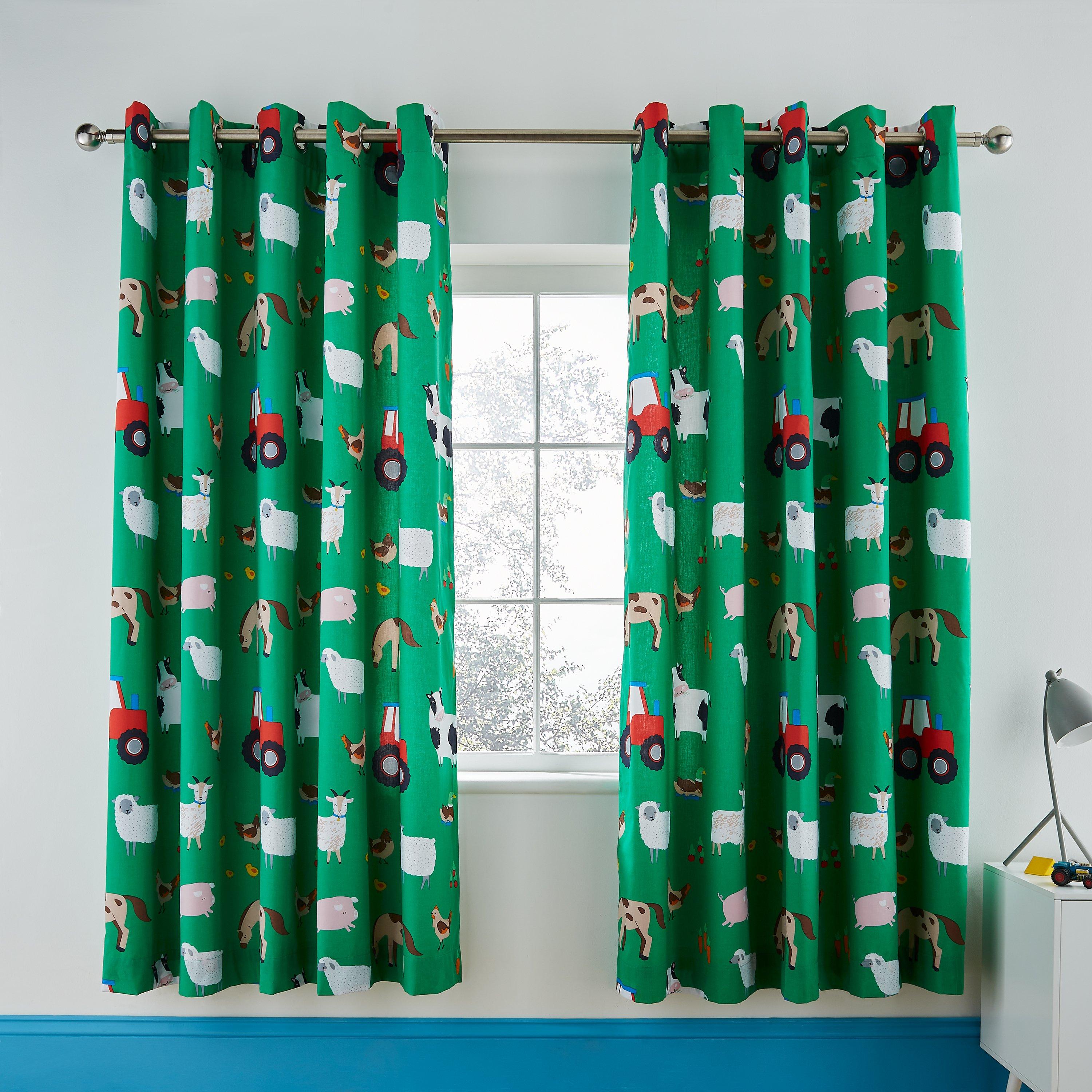 Green - Catherine Lansfield - Farmyard Animals Fully Reversible Eyelet Curtains - 2