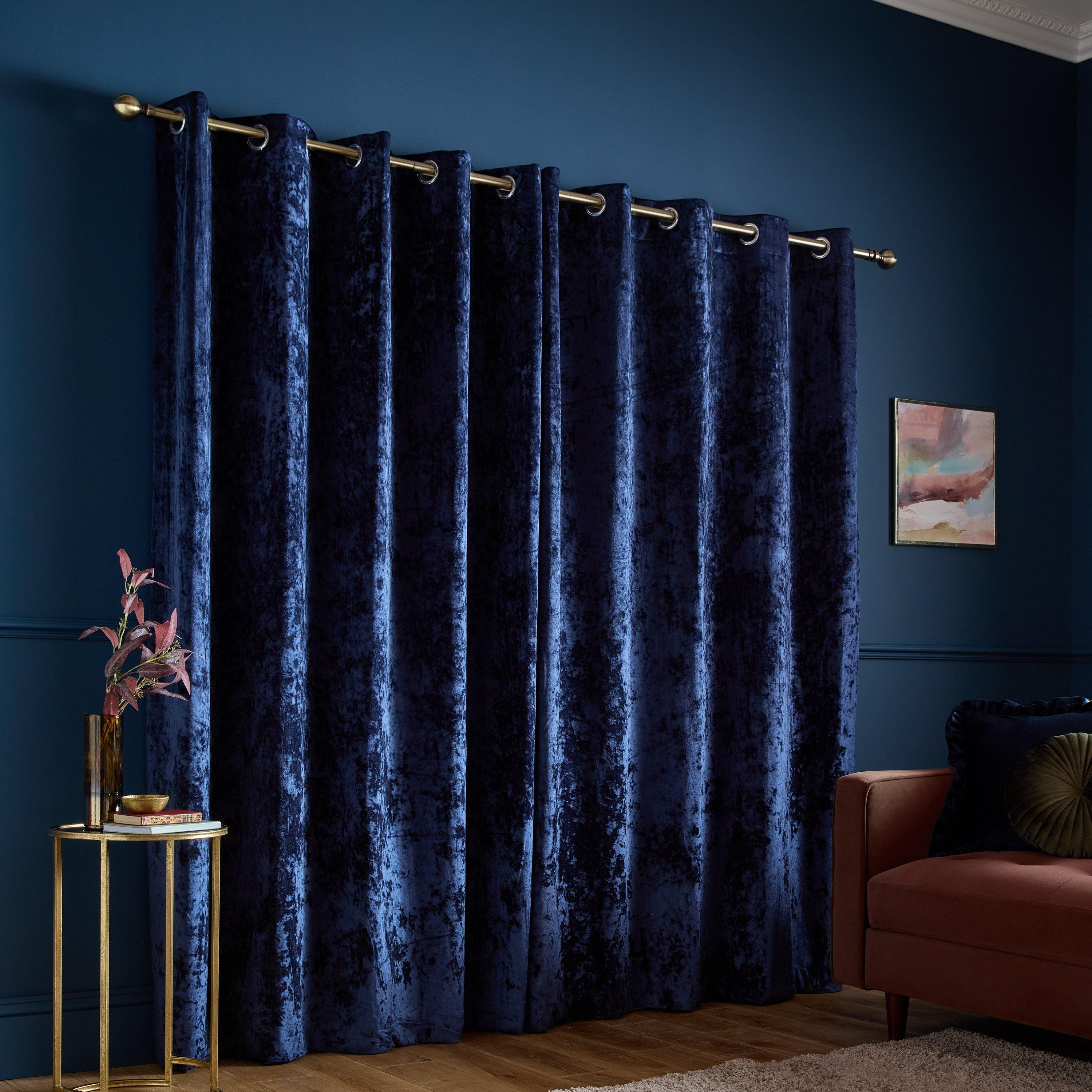 Navy Blue - Catherine Lansfield - Crushed Velvet Lined Eyelet Curtains - 2