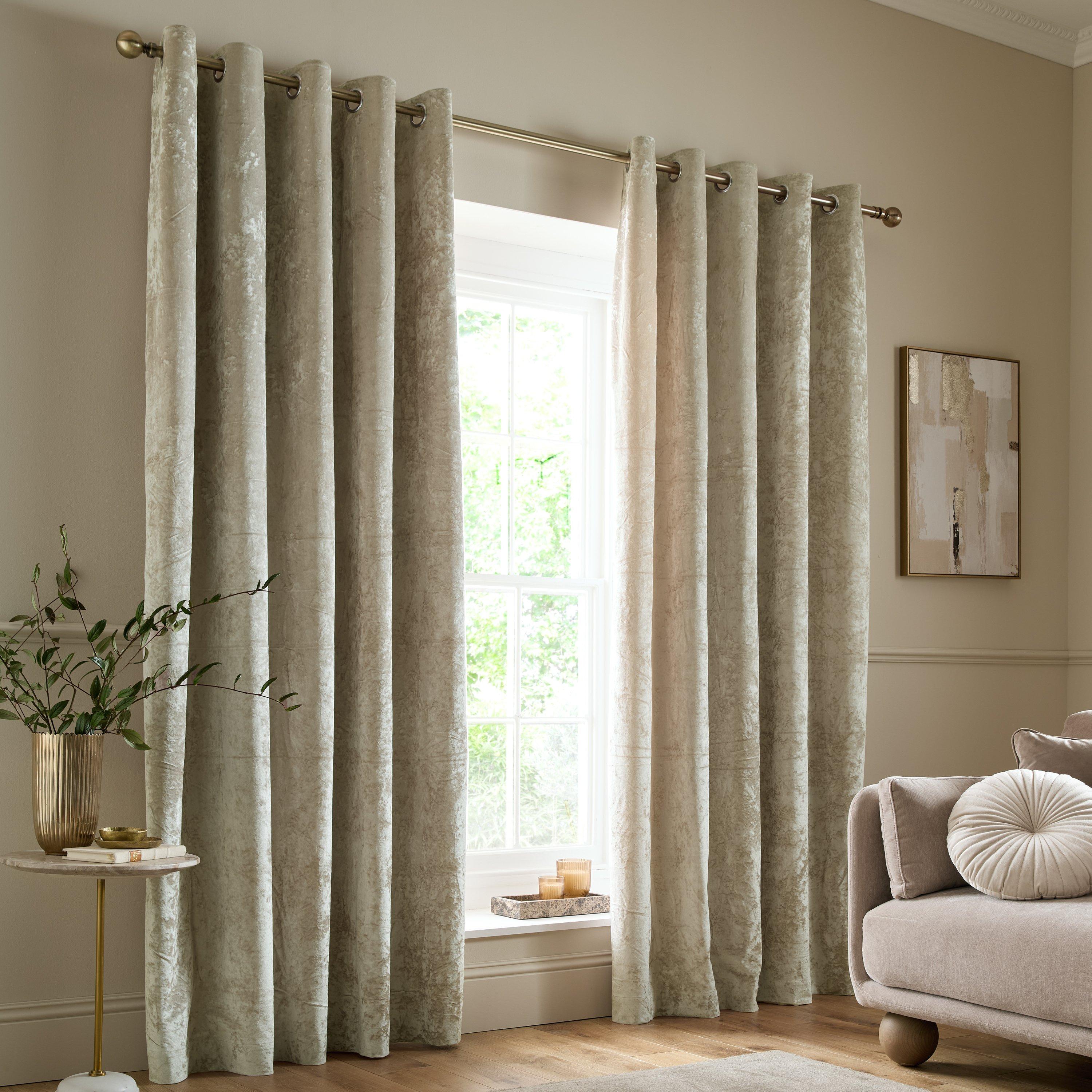 Natural - Catherine Lansfield - Crushed Velvet Lined Eyelet Curtains - 1