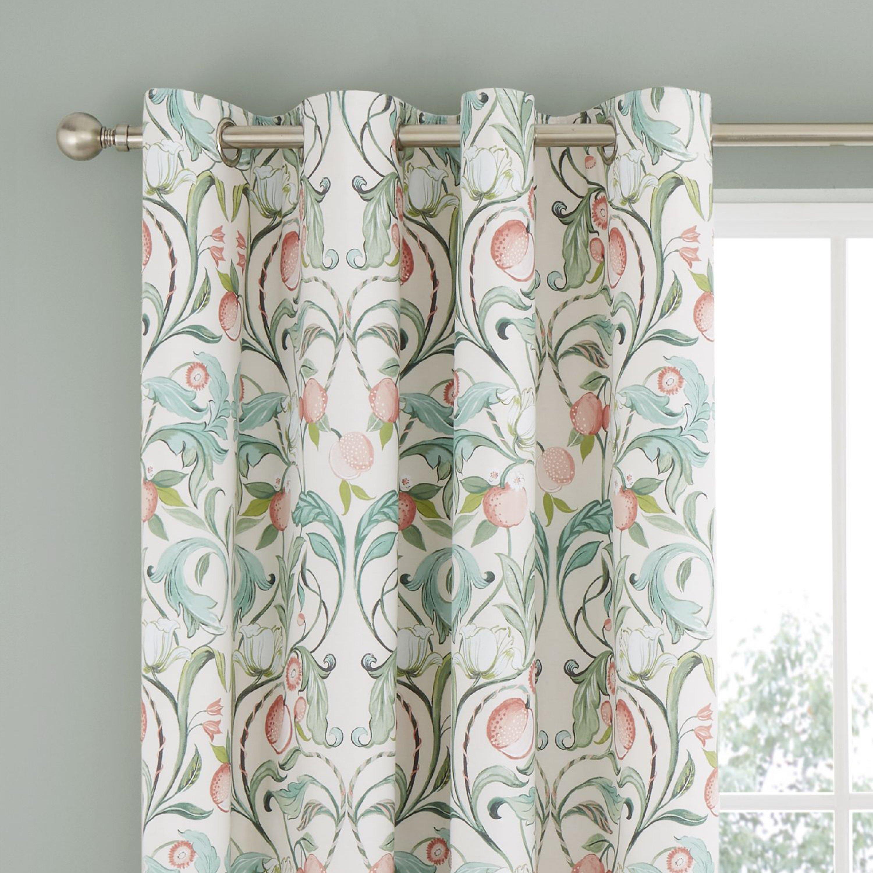 Natural Green - Catherine Lansfield - Clarence Floral Lined Eyelet Curtains - 1
