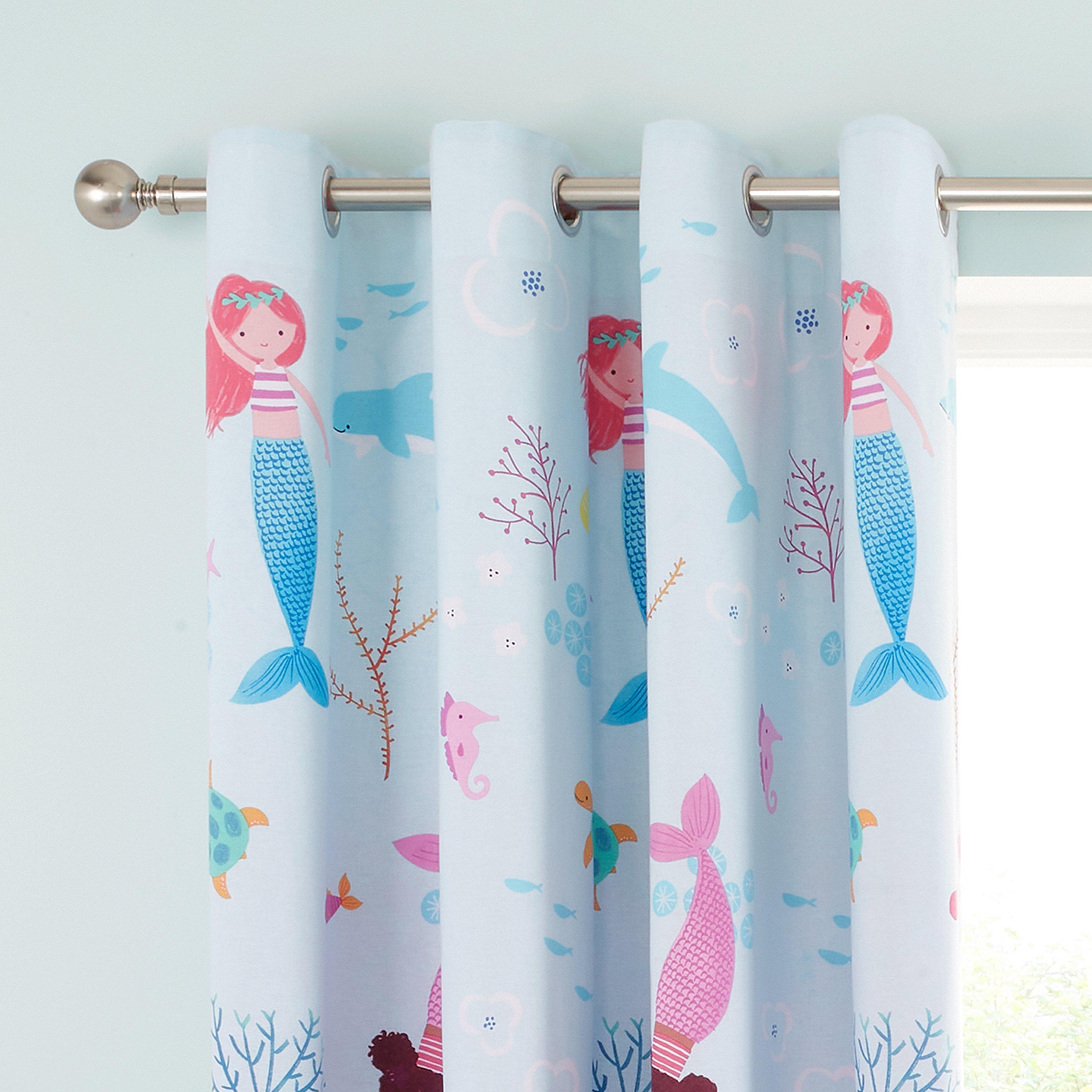 Blue - Catherine Lansfield - Mermaid Fully Reversible Two Curtain Panels - 1