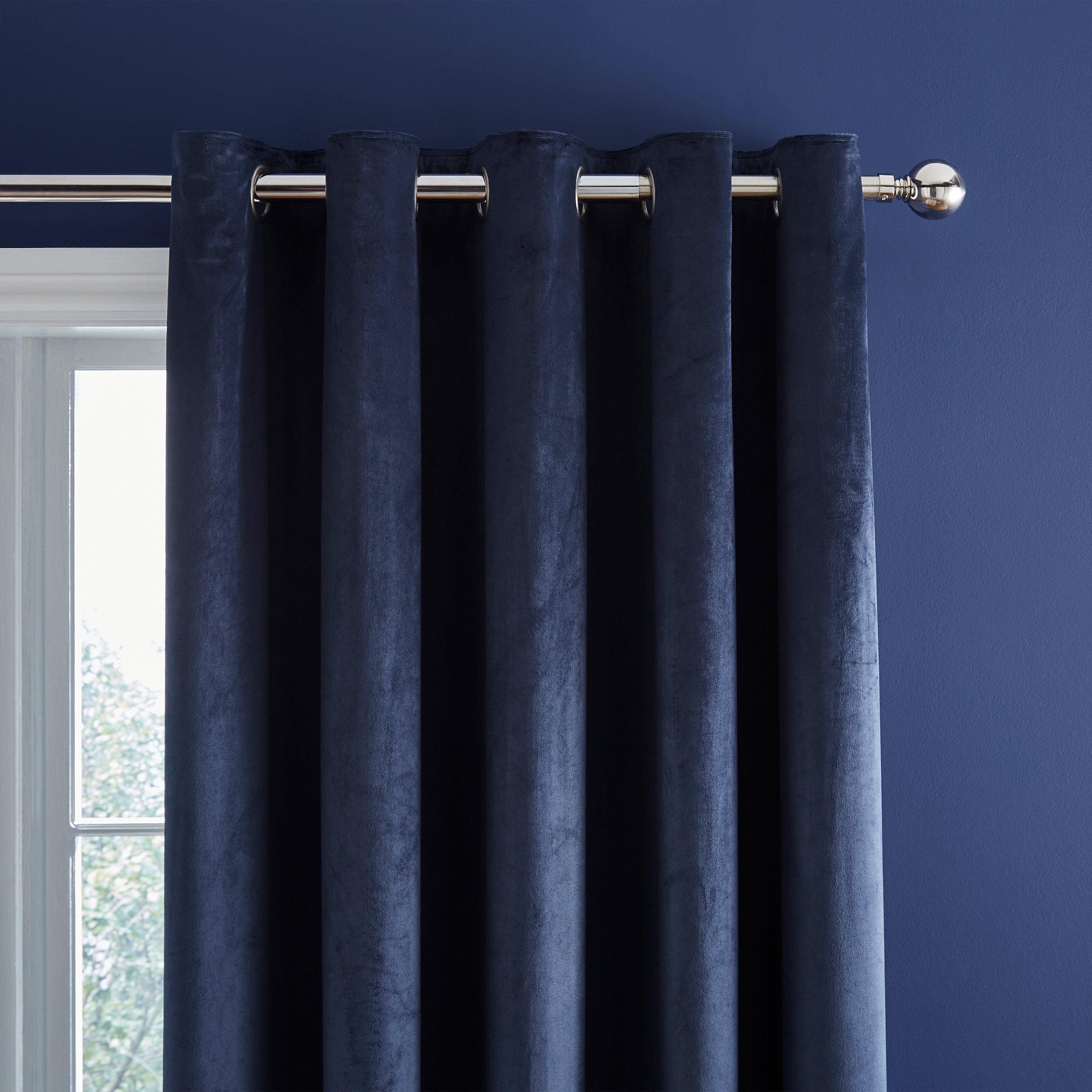 Navy - Catherine Lansfield - Kingsley Matt Velvet Lined Eyelet Curtains - 1