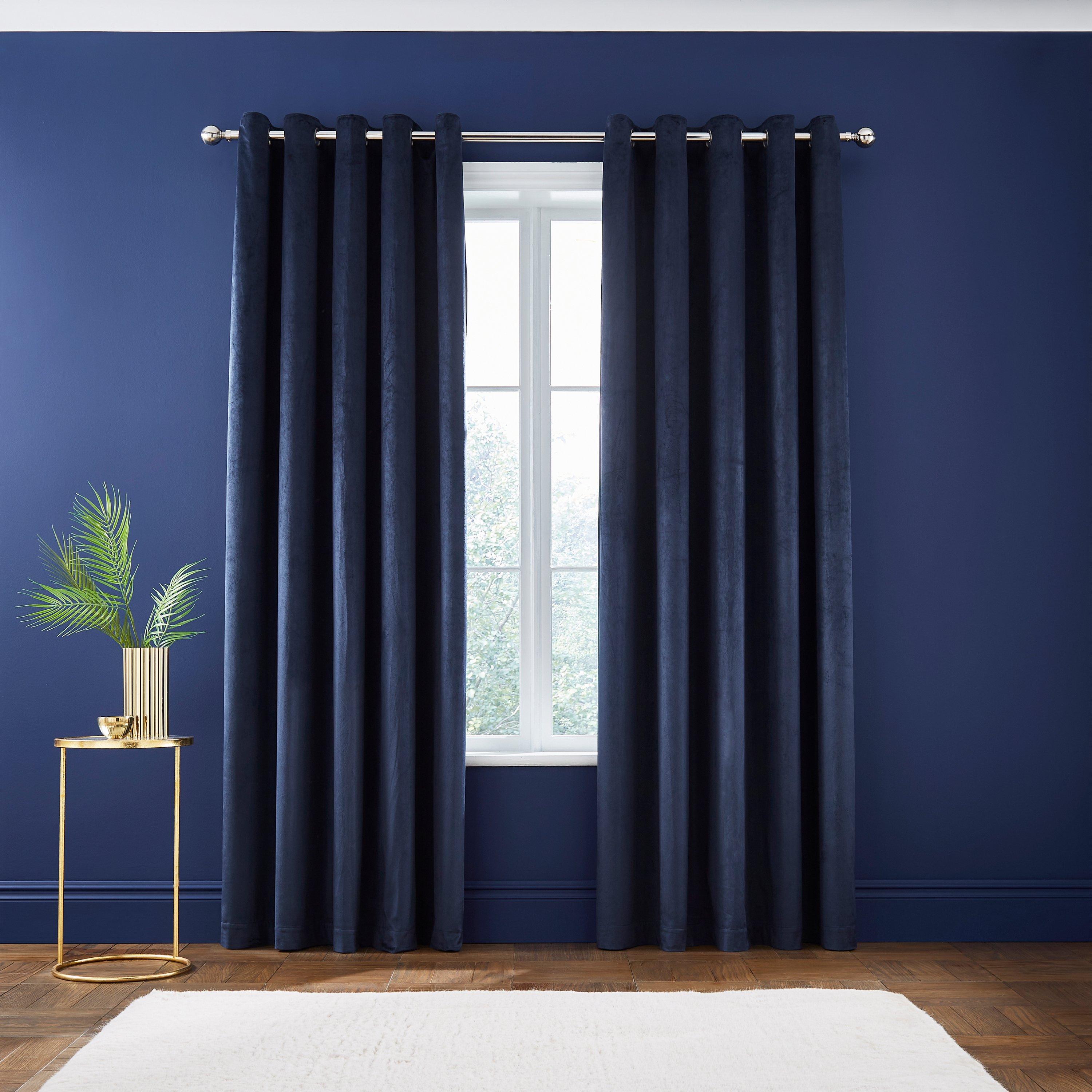 Navy - Catherine Lansfield - Kingsley Matt Velvet Lined Eyelet Curtains - 2