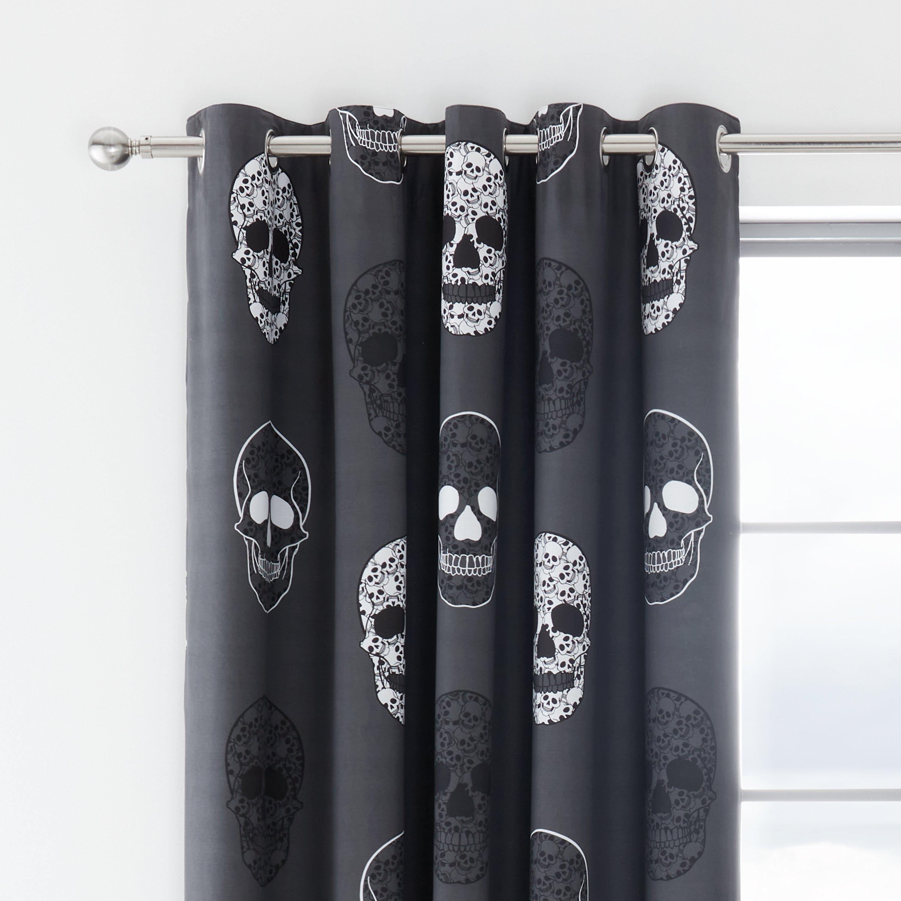 Grey - Catherine Lansfield - Skulls Fully Reversible Eyelet Curtains - 1