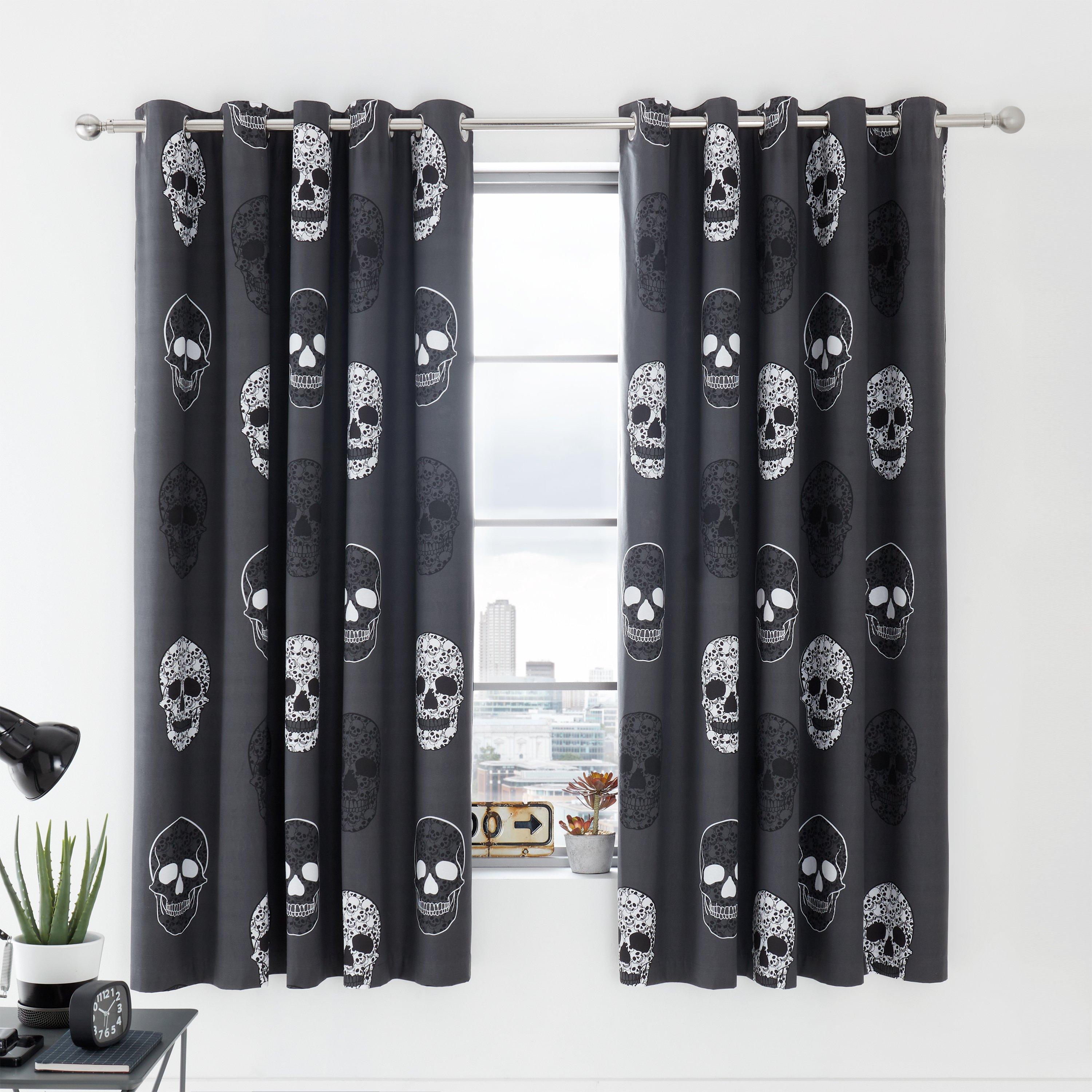 Grey - Catherine Lansfield - Skulls Fully Reversible Eyelet Curtains - 2