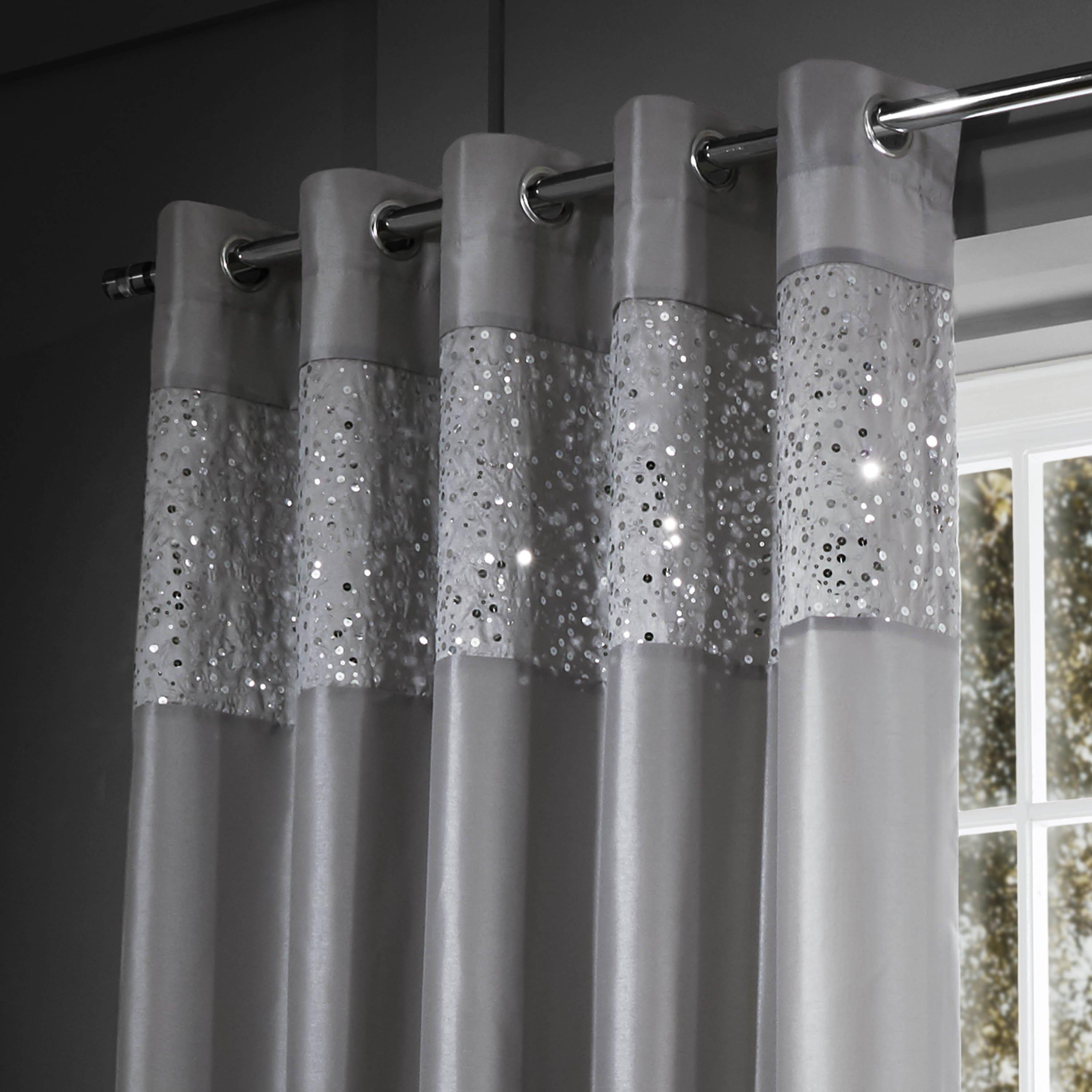 Grey - Catherine Lansfield - Glitzy Sequin Lined Eyelet Curtains - 1