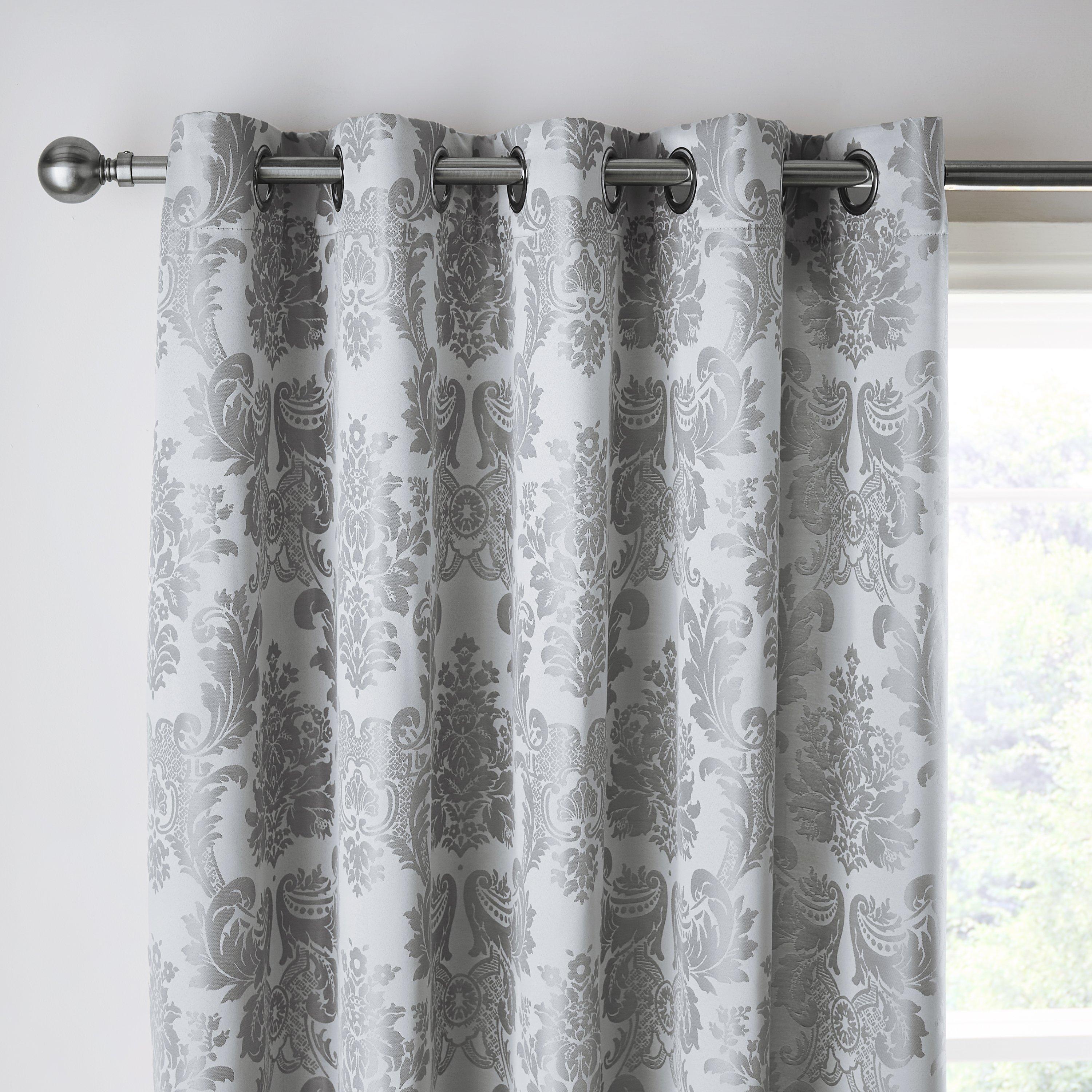 Silver Grey - Catherine Lansfield - Damask Jacquard Lined Eyelet Curtains - 1