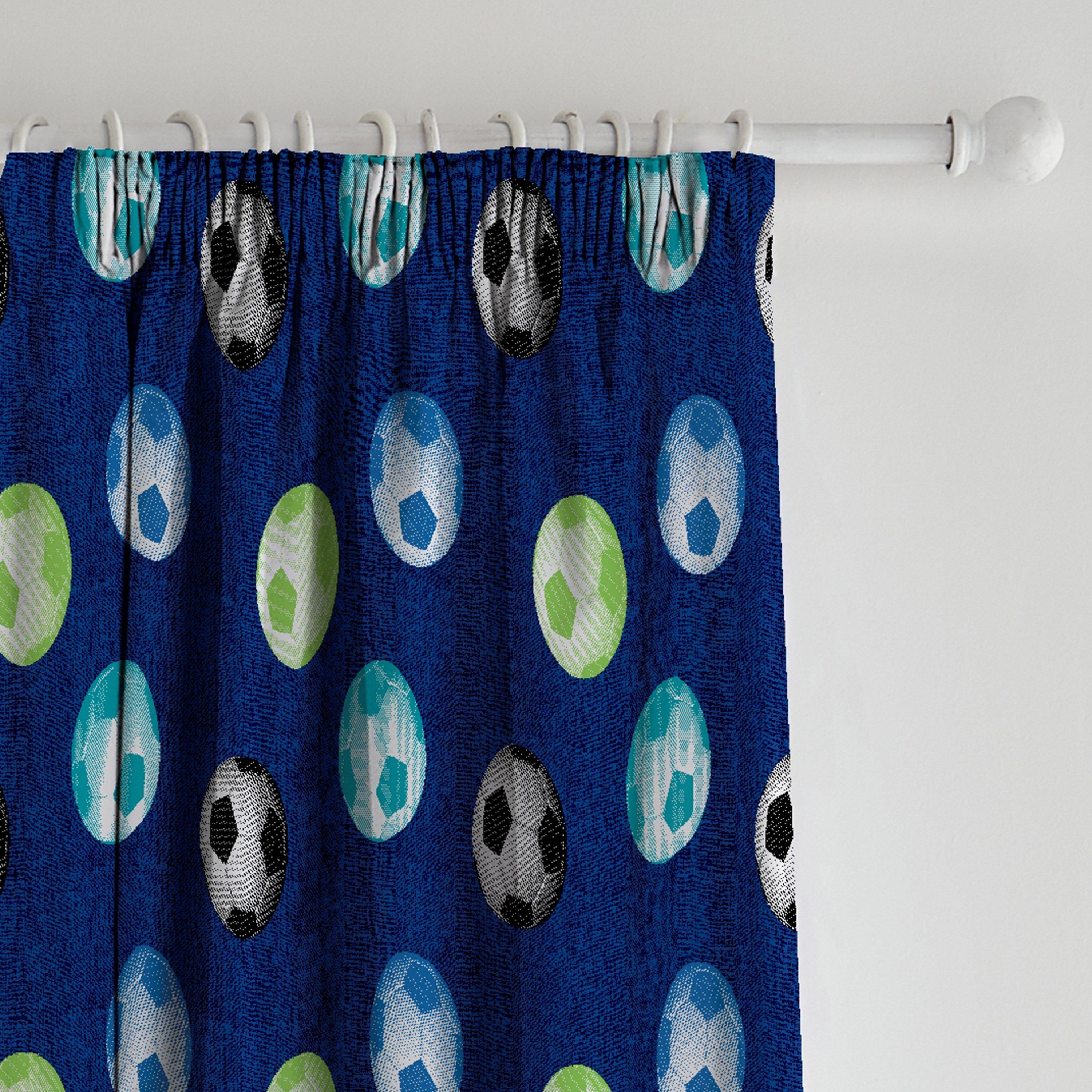 Blue - Catherine Lansfield - Football Lined Pencil Pleat Curtains - 1
