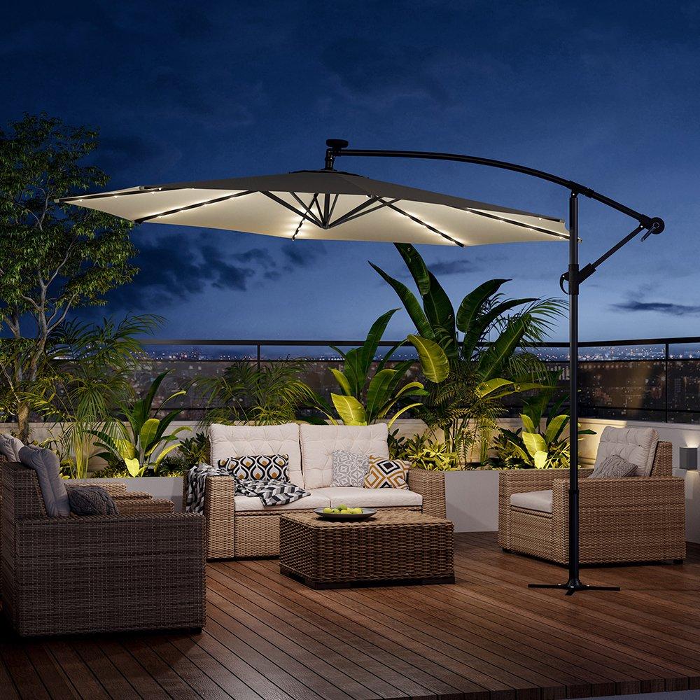 Beige - Breeins - 32 LED Lighted Parasol with Crank Beige - 2