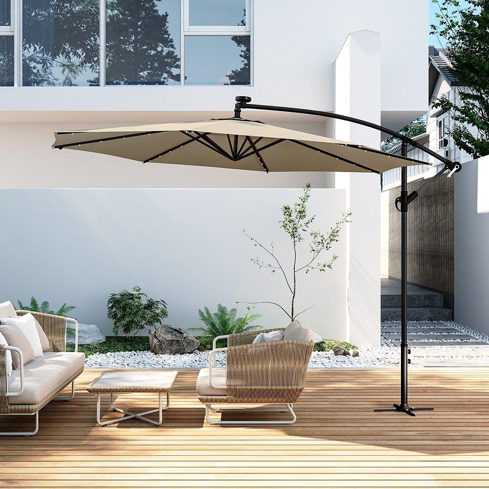 Beige - Breeins - 32 LED Lighted Parasol with Crank Beige - 3