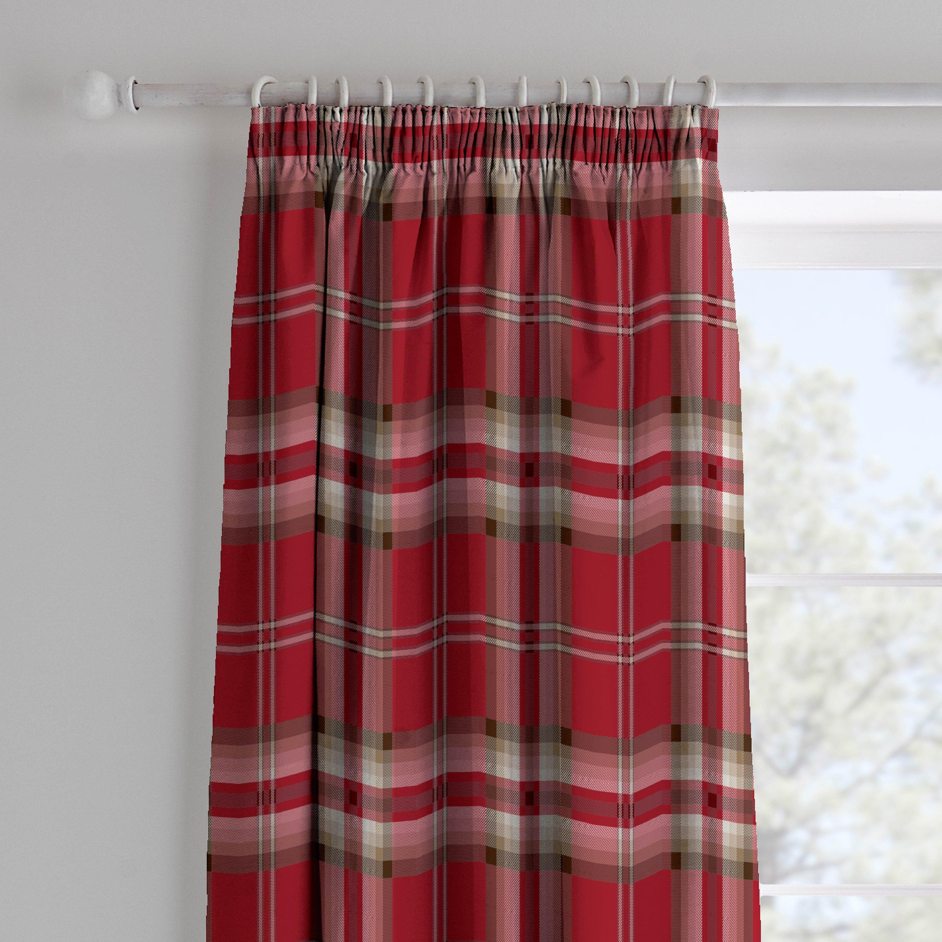 Red - Catherine Lansfield - Kelso Check Lined Pencil Pleat Curtains - 1
