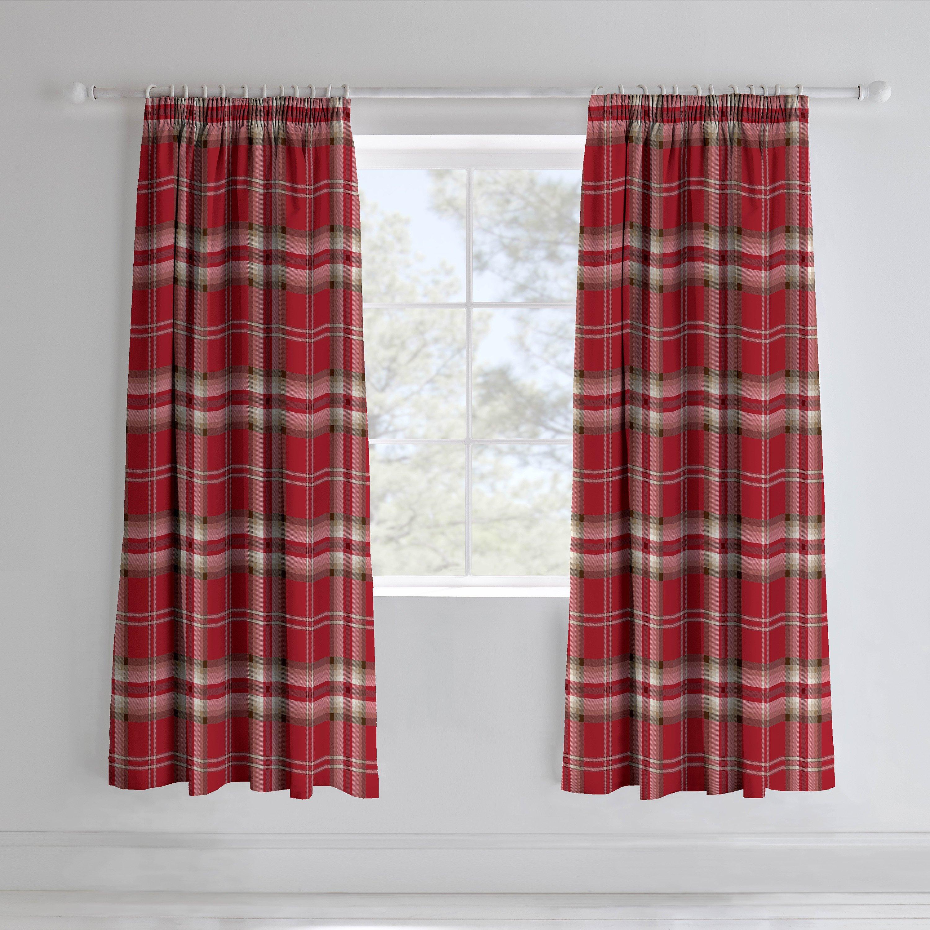Red - Catherine Lansfield - Kelso Check Lined Pencil Pleat Curtains - 2