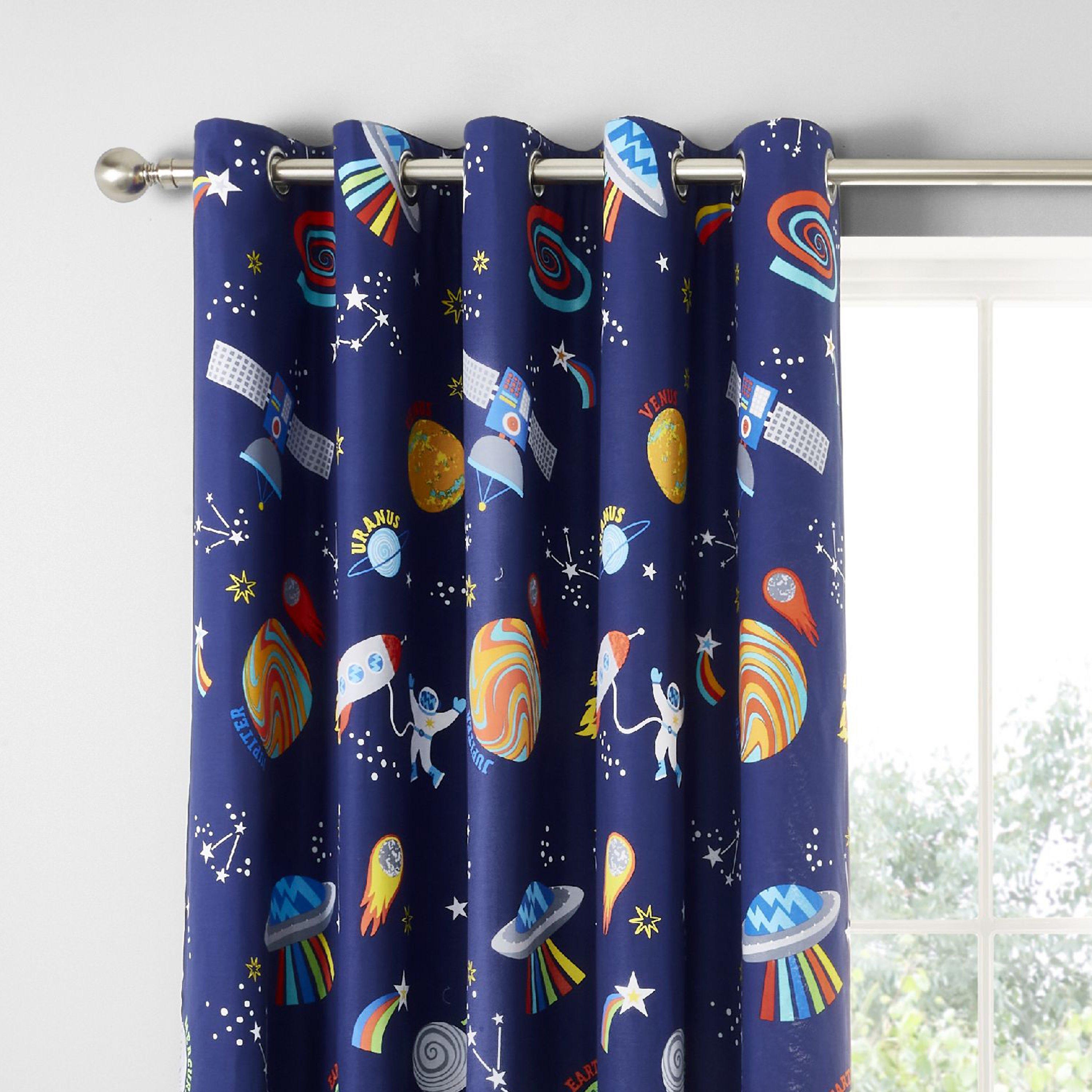 Blue - Catherine Lansfield - Lost In Space Fully Reversible Two Curtain Panels - 1