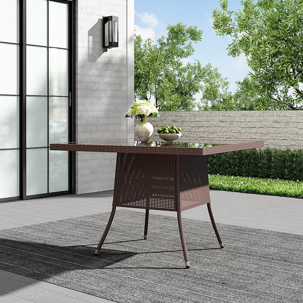 Breeins  105Cm Square Wicker Glass Table With Parasol Hole - Brown