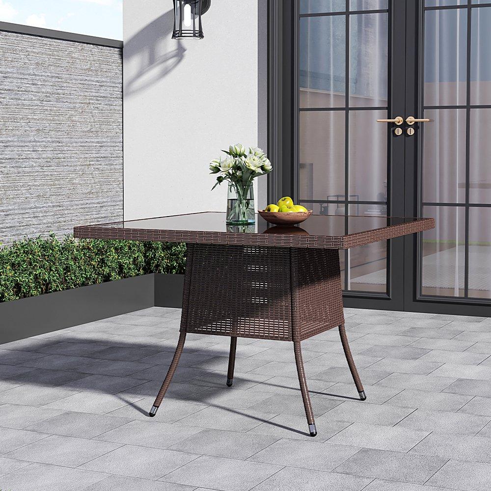 Brown - Breeins - 105cm Square Wicker Glass Table with Parasol Hole - 2