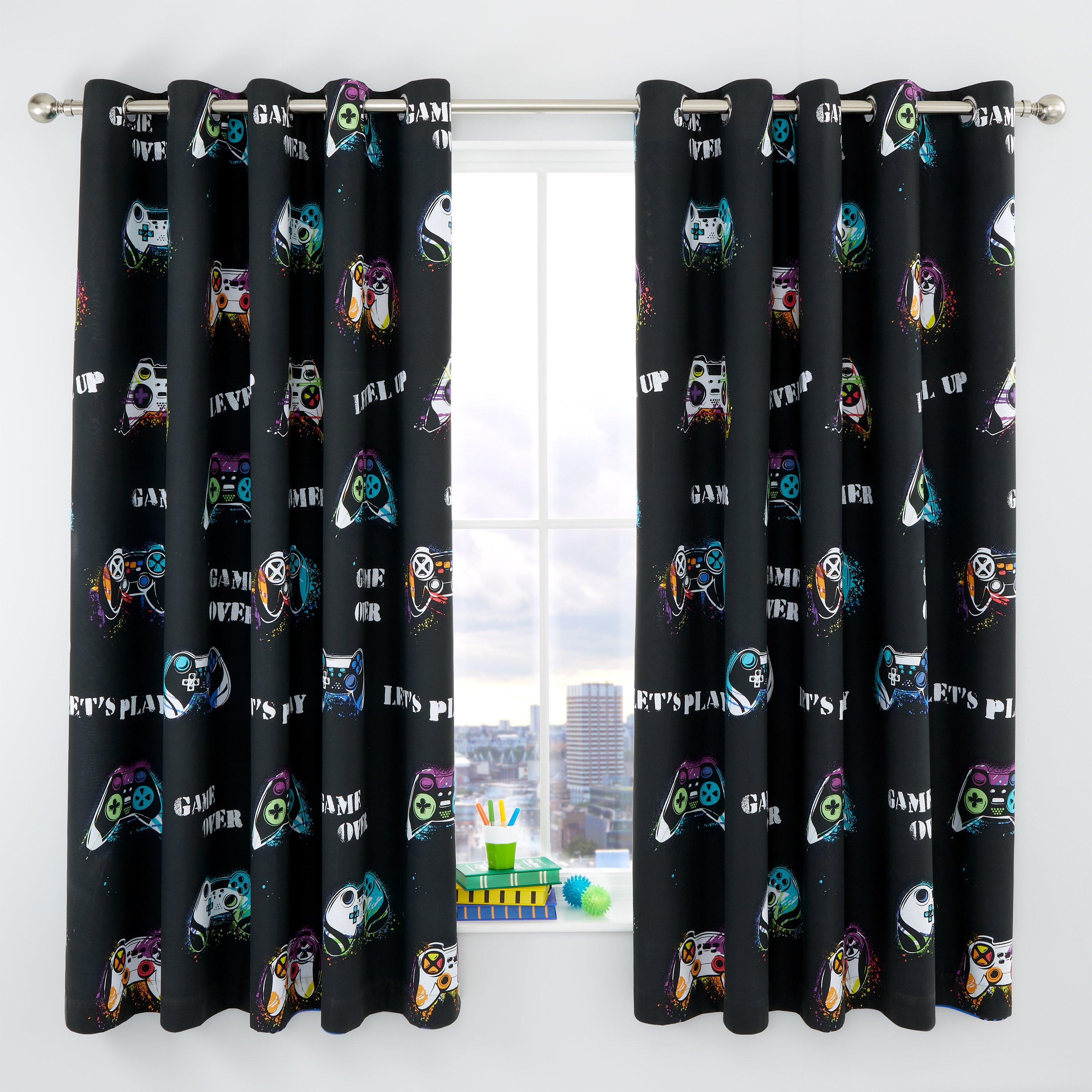 Black - Catherine Lansfield - Game Over Fully Reversible Eyelet Curtains - 2