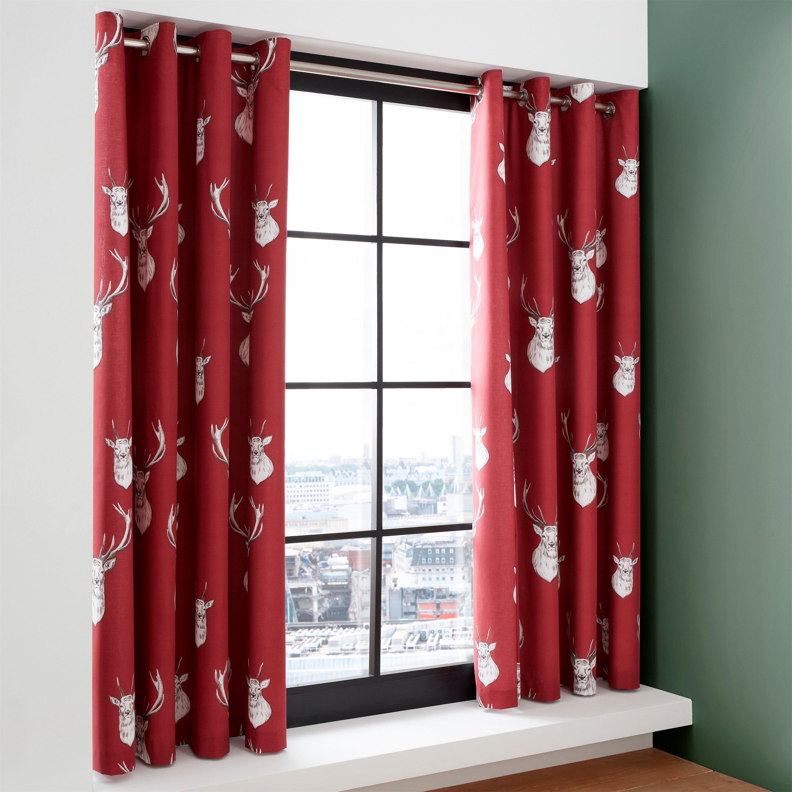 Red - Catherine Lansfield - Munro Stag Check Lined Eyelet Curtains - 2
