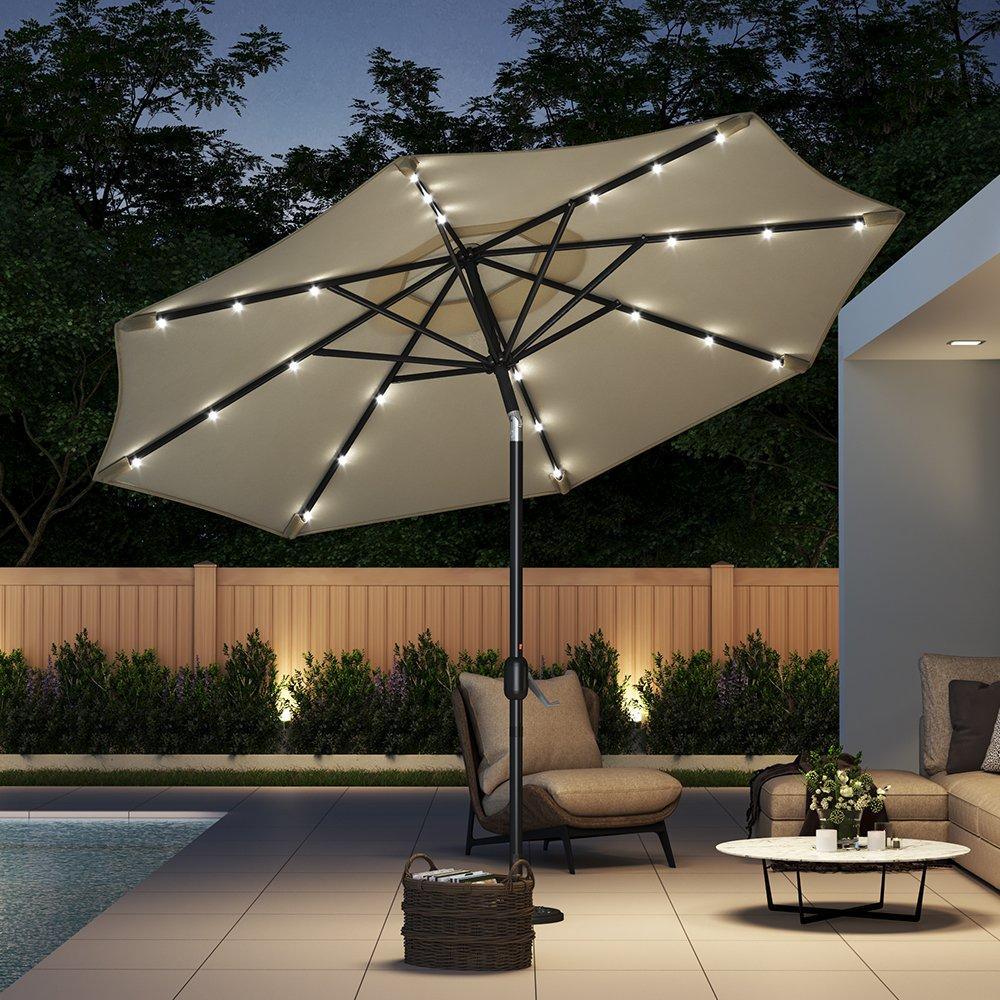 Beige - Breeins - Solar 24 LED Lights Parasol with Crank Beige - 1