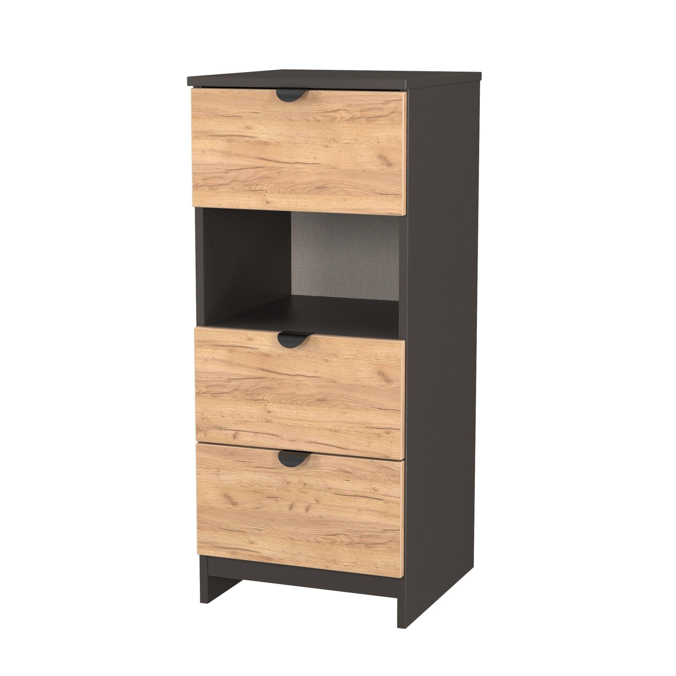 Craft Oak & Gra - Welcome Furniture - Solomon 3 Drawer Open Shelf Bedside Cabinet - 3