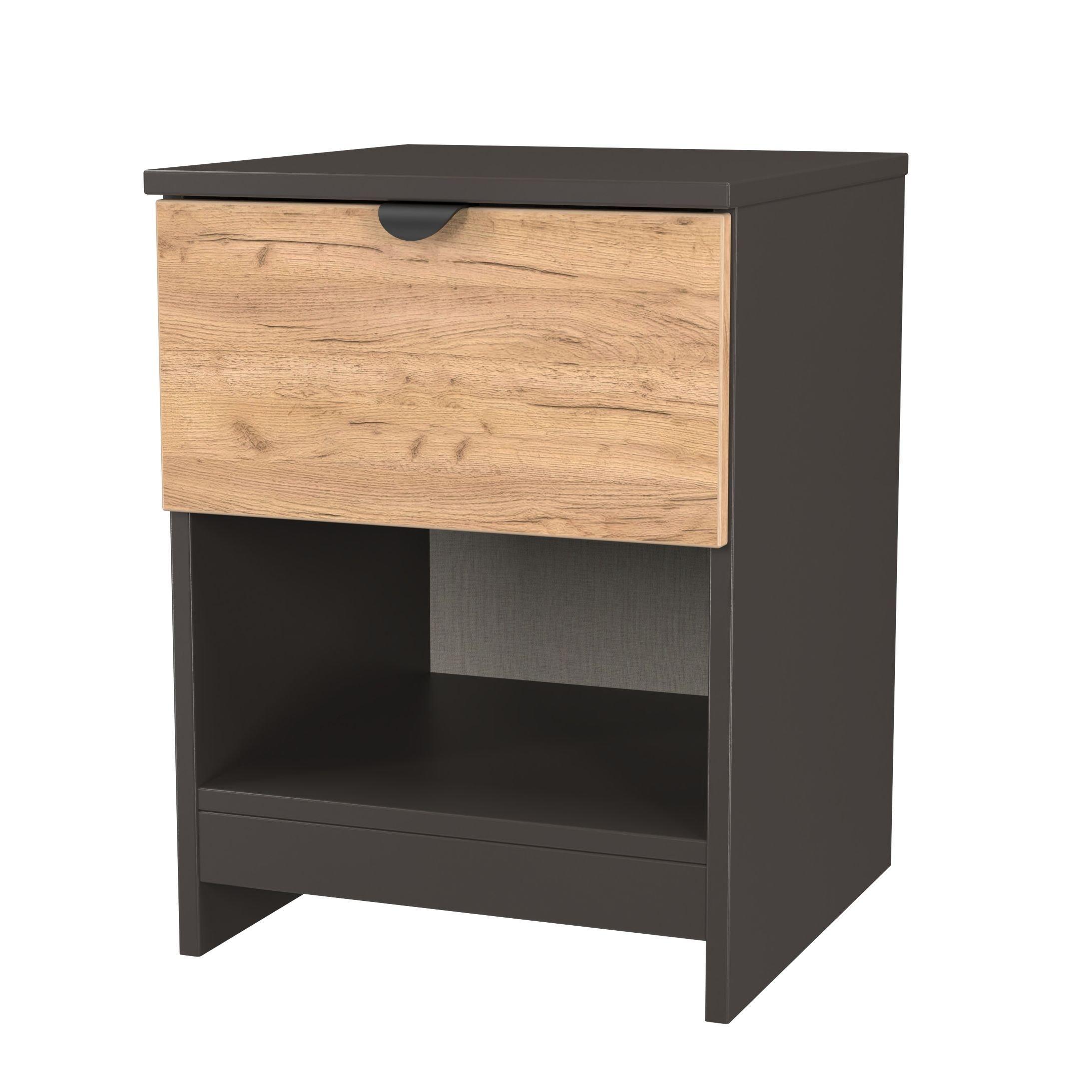 Craft Oak & Gra - Welcome Furniture - Solomon 1 Drawer Open Shelf Bedside Cabinet - 3