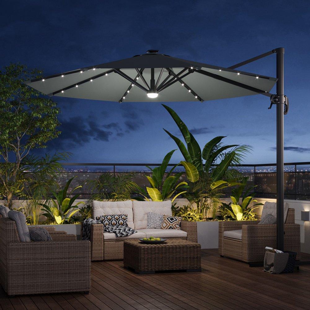 Grey - Breeins - 3m Round Cantilever Parasol with Solar LED Lights - 1