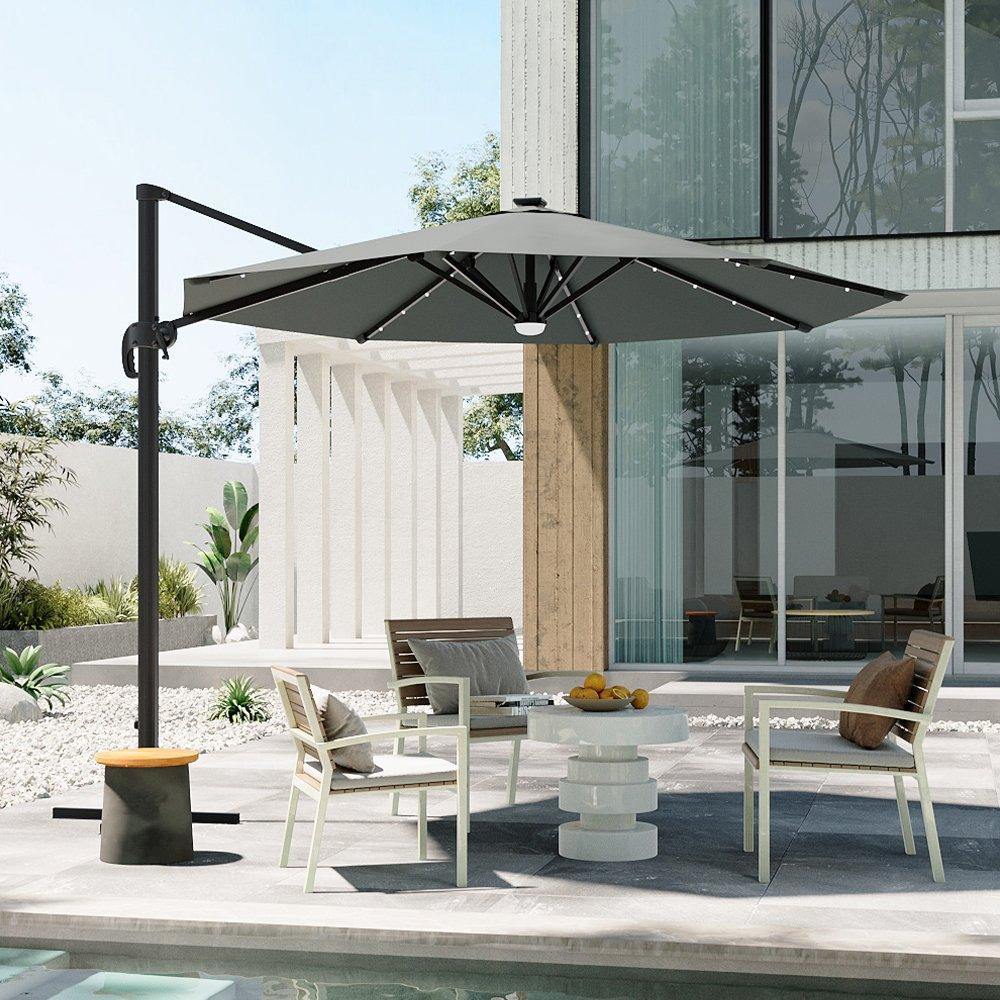 Grey - Breeins - 3m Round Cantilever Parasol with Solar LED Lights - 2