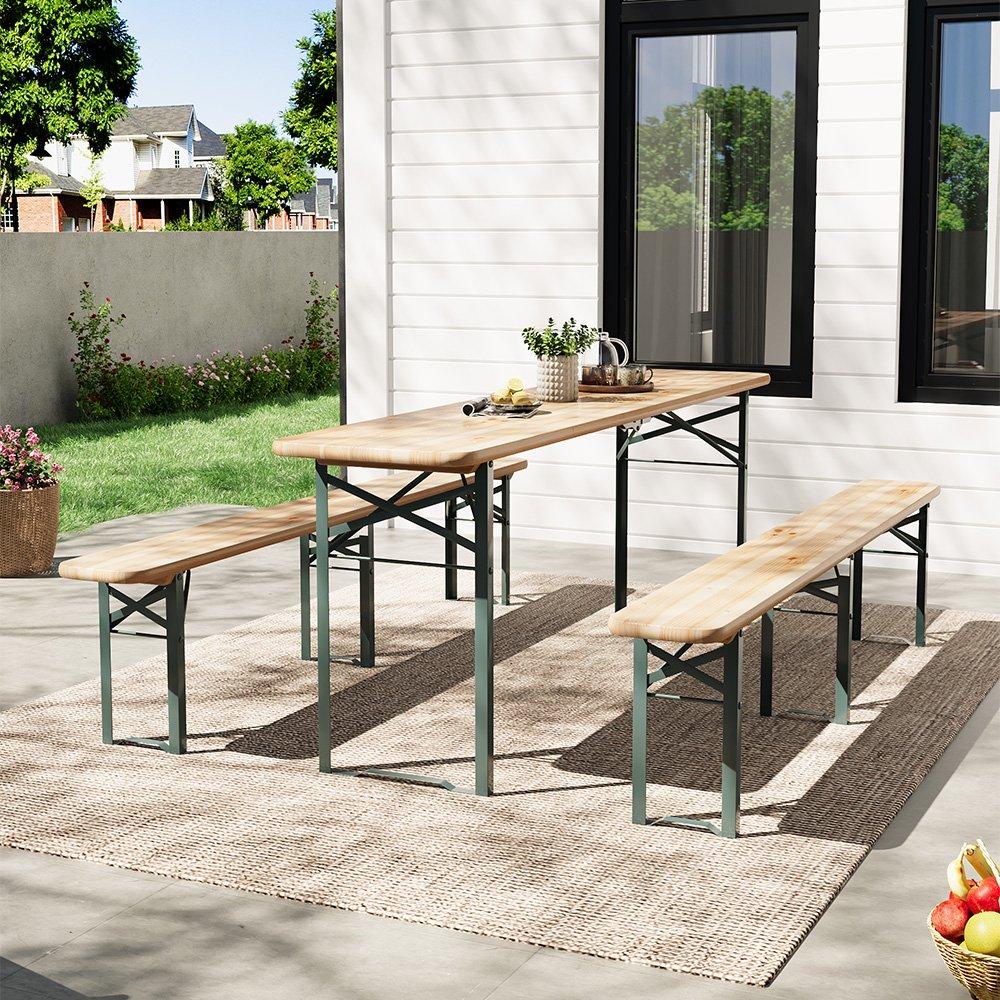 Brown - Breeins Camping - 3-Piece Wooden Foldable Long Table Benches Set - 2