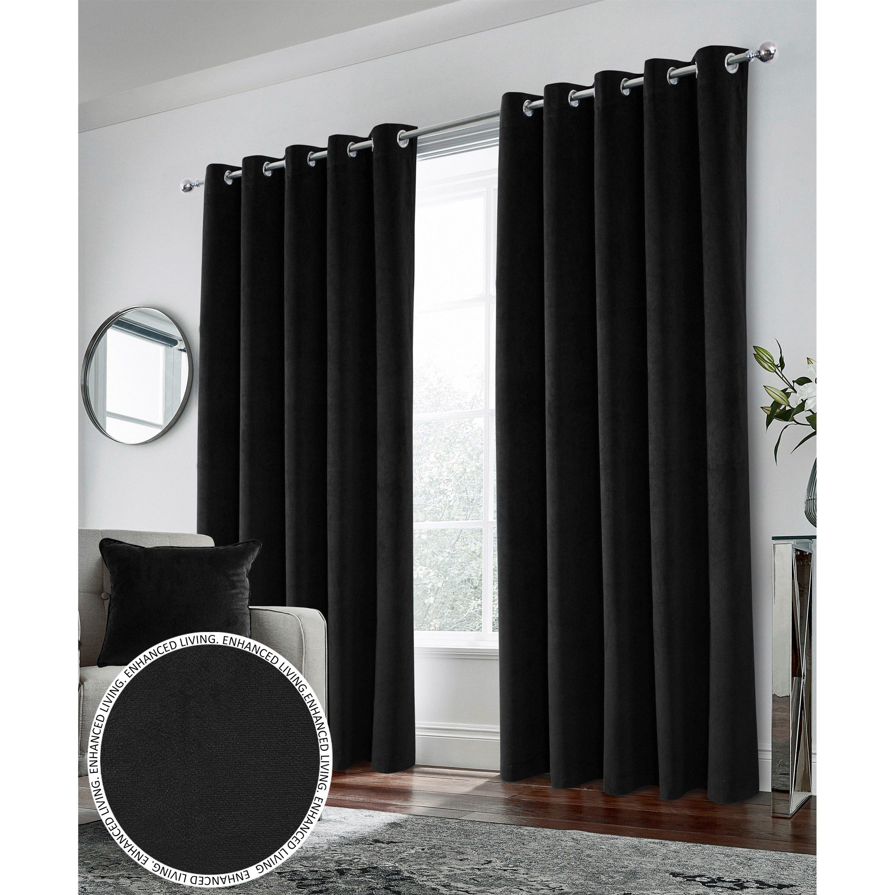 Black - Enhanced Living - Hampton Black Velvet Blackout Thermal Ring Curtain - 1