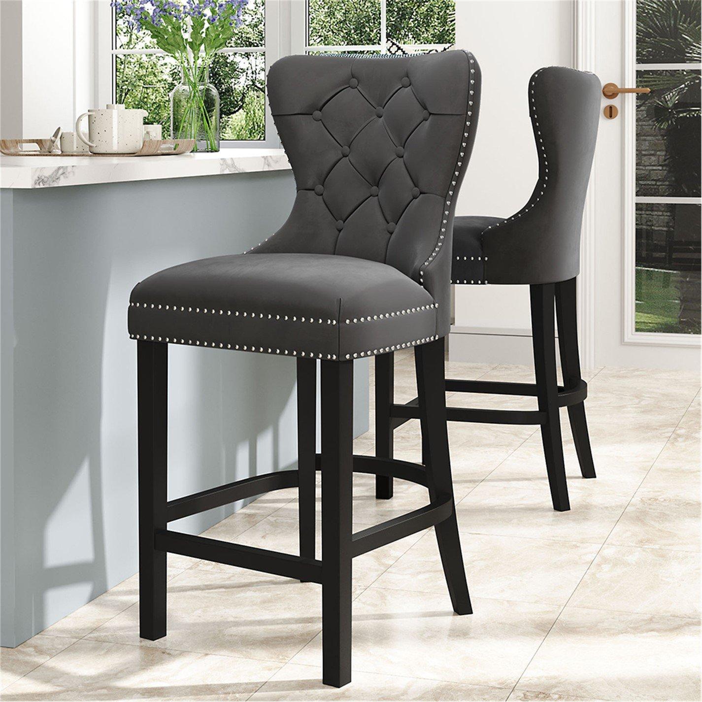 Grey - Kabinet UK - Freestanding Velvet Stool Bar Dining Chairs - 1
