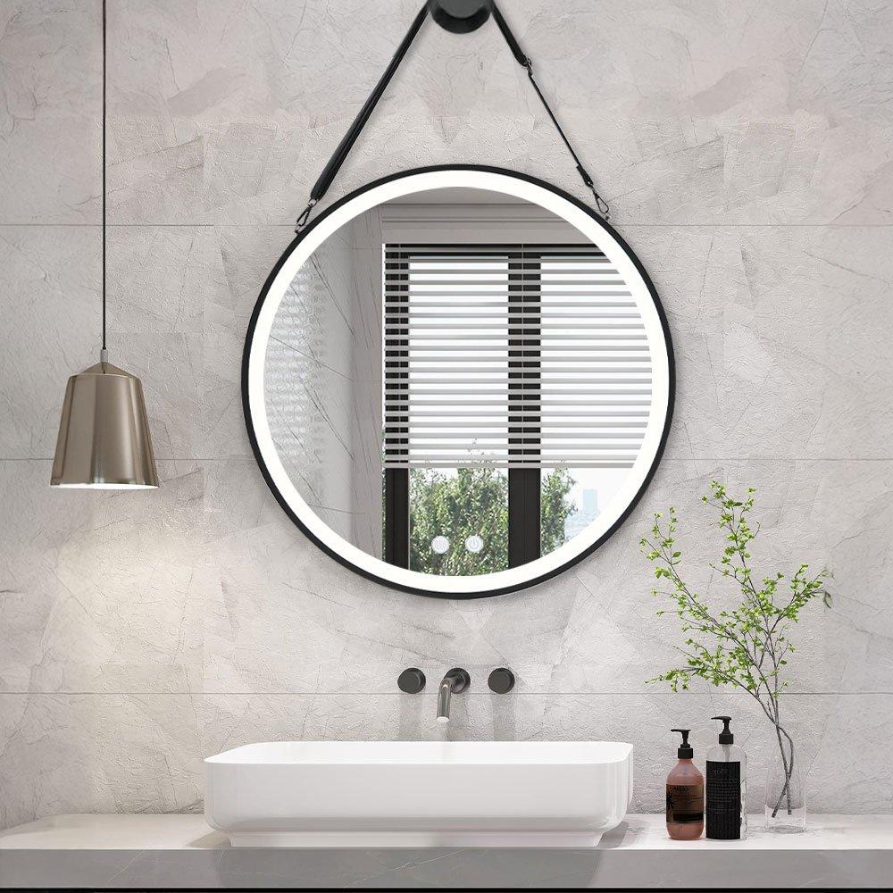 Black - Kabinet UK - Round Metal LED Mirror with Hanging Strap - 1