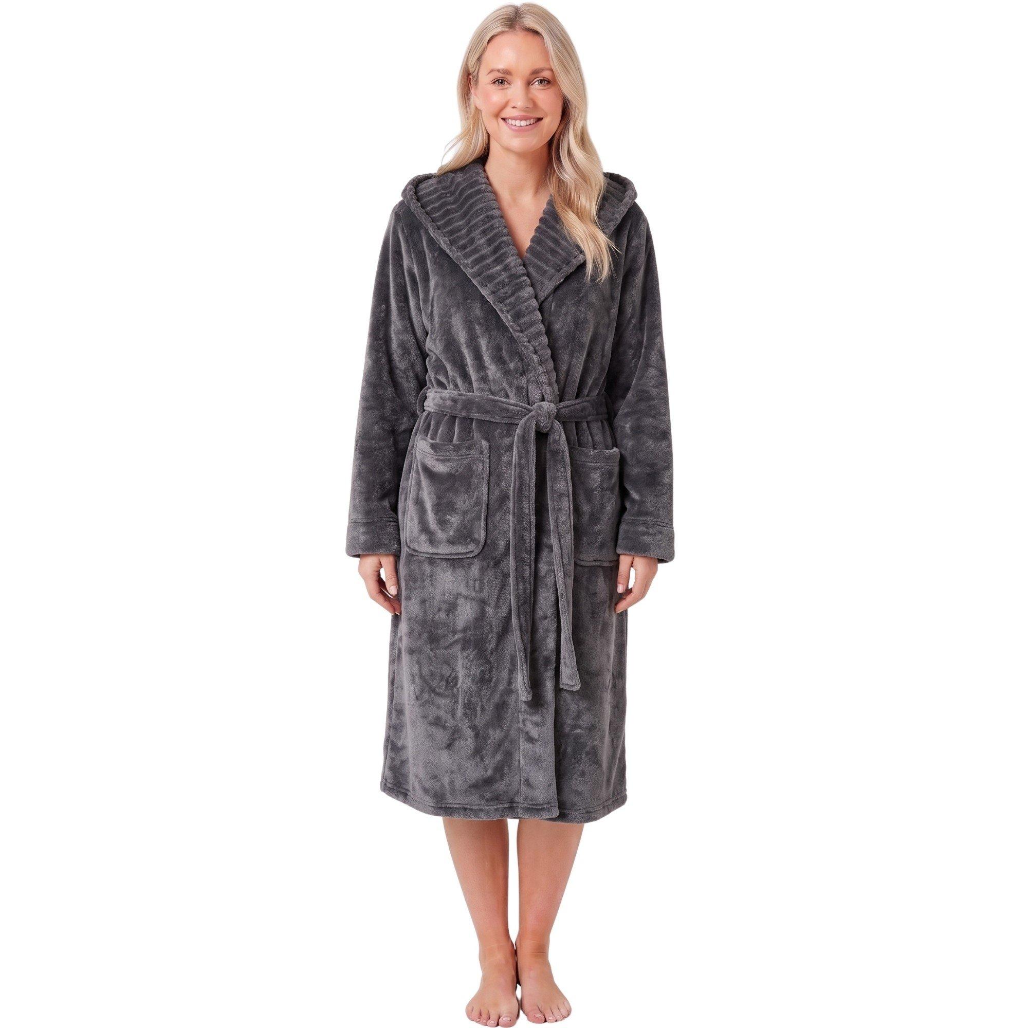 Donkergrijs - Camille - Womens Supersoft Fleece Ribbed Collar Robe - 1