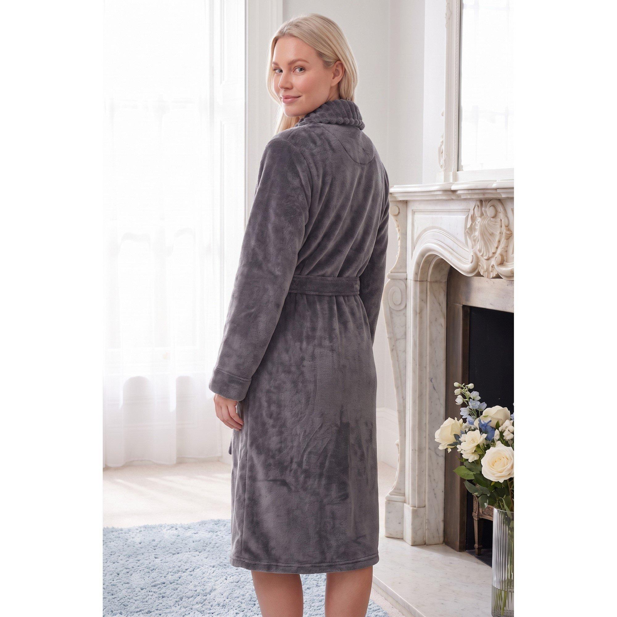 Donkergrijs - Camille - Womens Supersoft Fleece Ribbed Collar Robe - 3