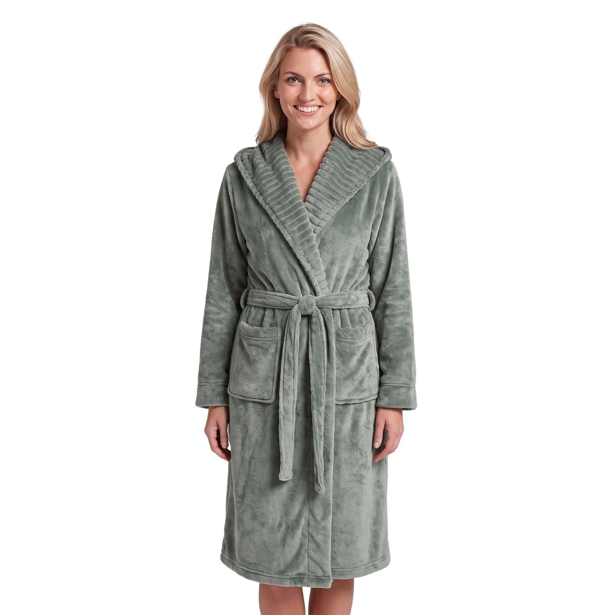 Womens Supersoft Fleece Ribbed Collar Robe