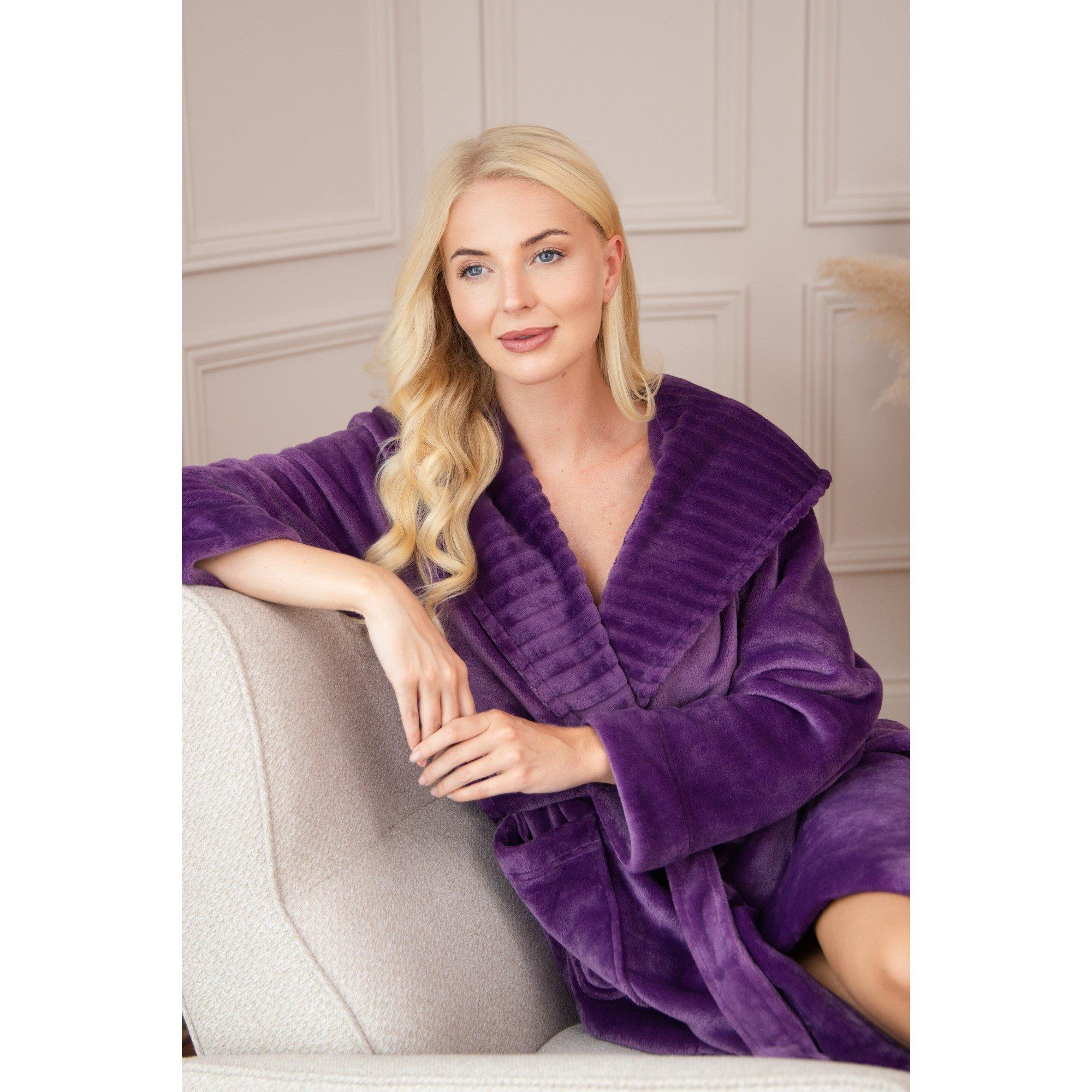 Purple - Camille - Womens Supersoft Fleece Ribbed Collar Robe - 3