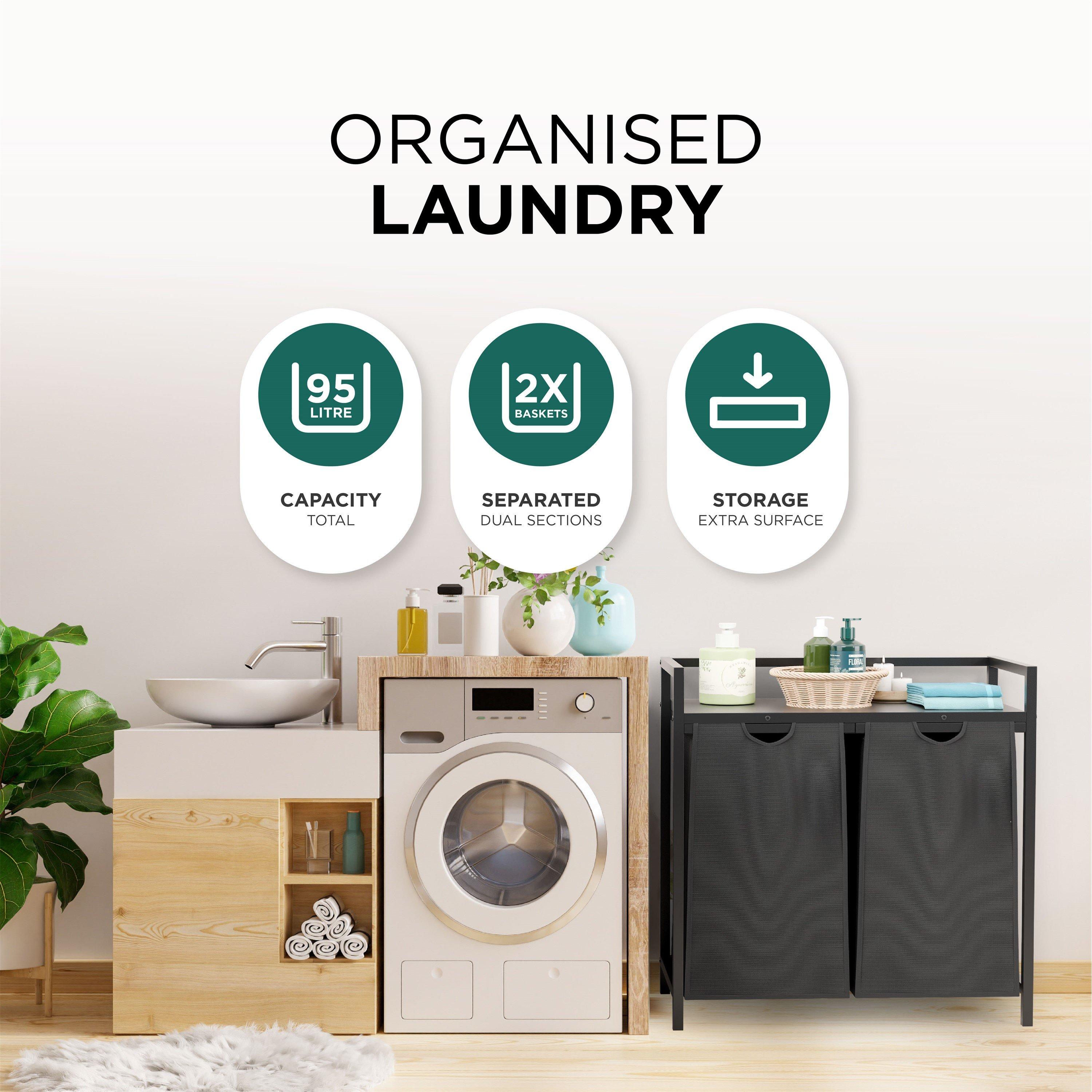 Black/Grey - DMD Collective - 95L Double Pull Out Dirty Laundry Baske - 3
