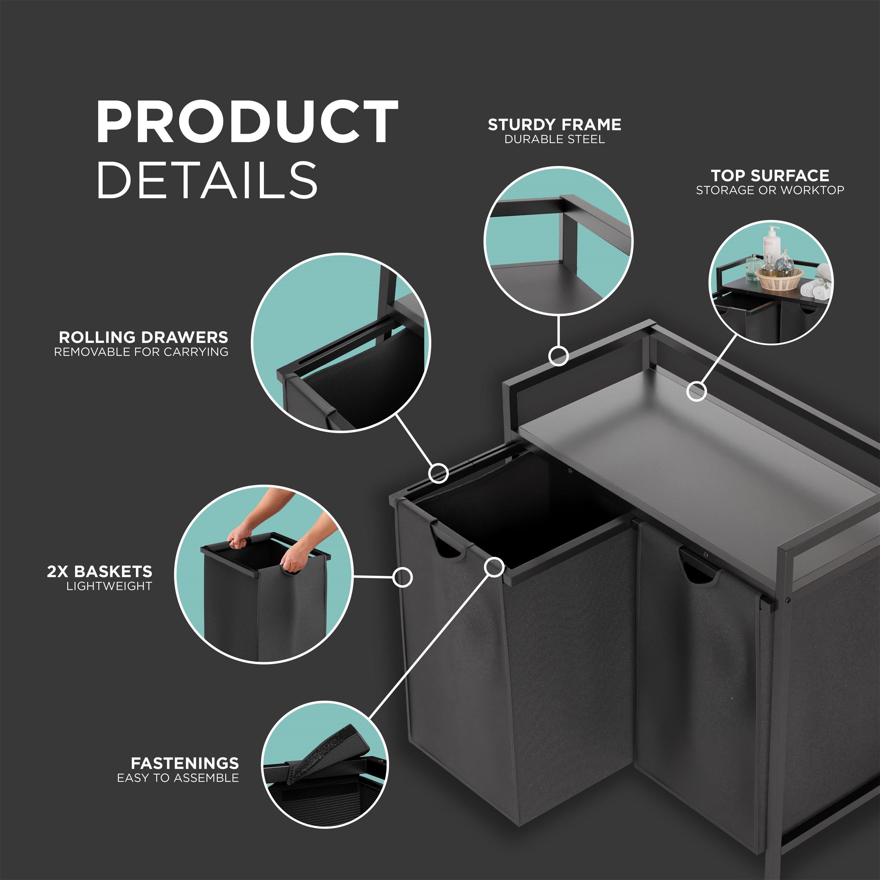 Black/Grey - DMD Collective - 95L Double Pull Out Dirty Laundry Baske - 4