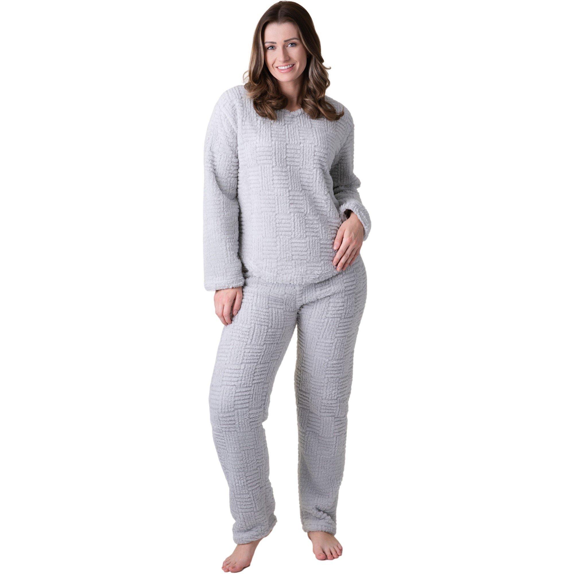 Grigio - Camille - Womens Supersoft Textured Fleece Pyjamas with a Woven Pattern & Rope Detailing - 1