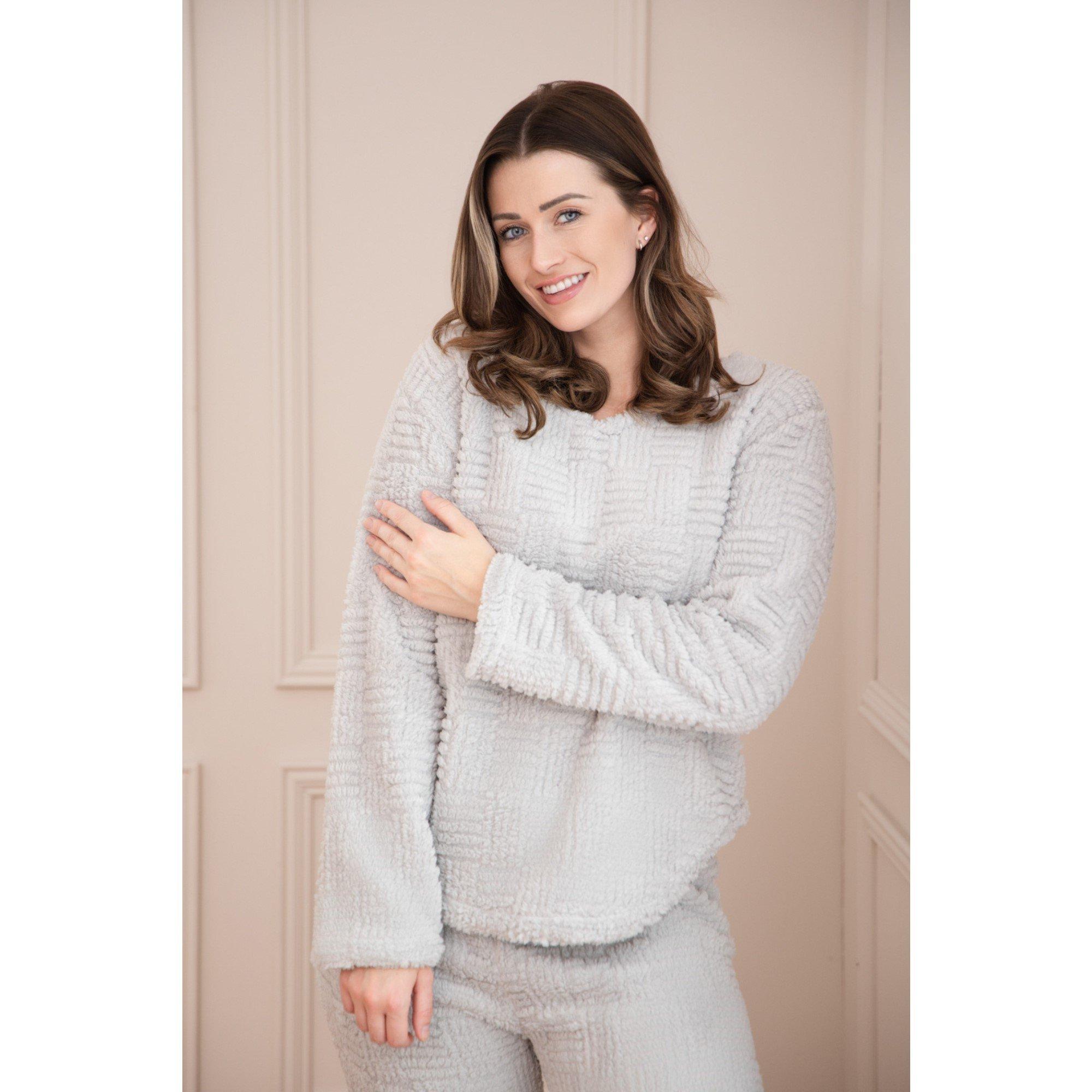 Grigio - Camille - Womens Supersoft Textured Fleece Pyjamas with a Woven Pattern & Rope Detailing - 2