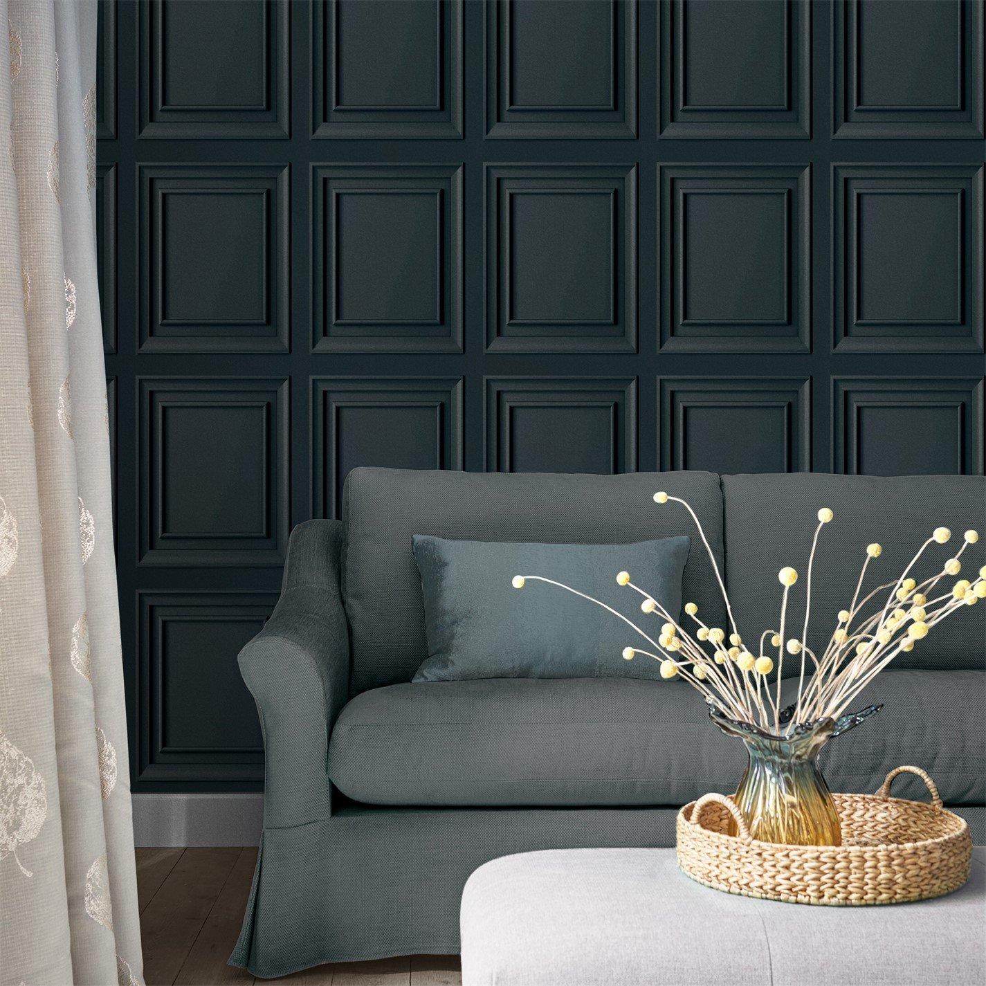 Laura Ashley  Redbrook Wood Panel Dark Seaspray Wallpaper - Grey