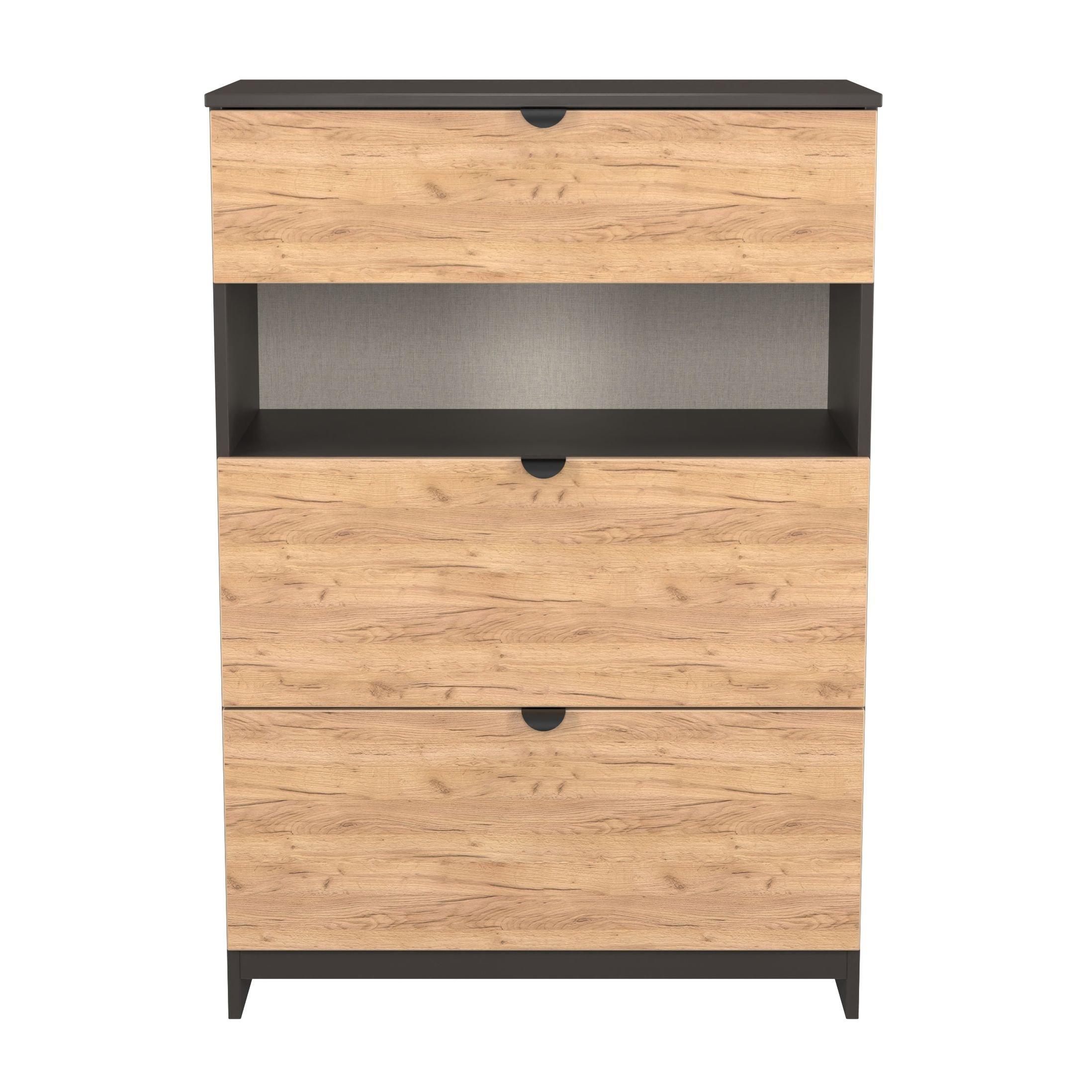 Welcome Furniture  Solomon 3 Drawer Open Shelf Deep Chest - Craft Oak & Gra - Regular