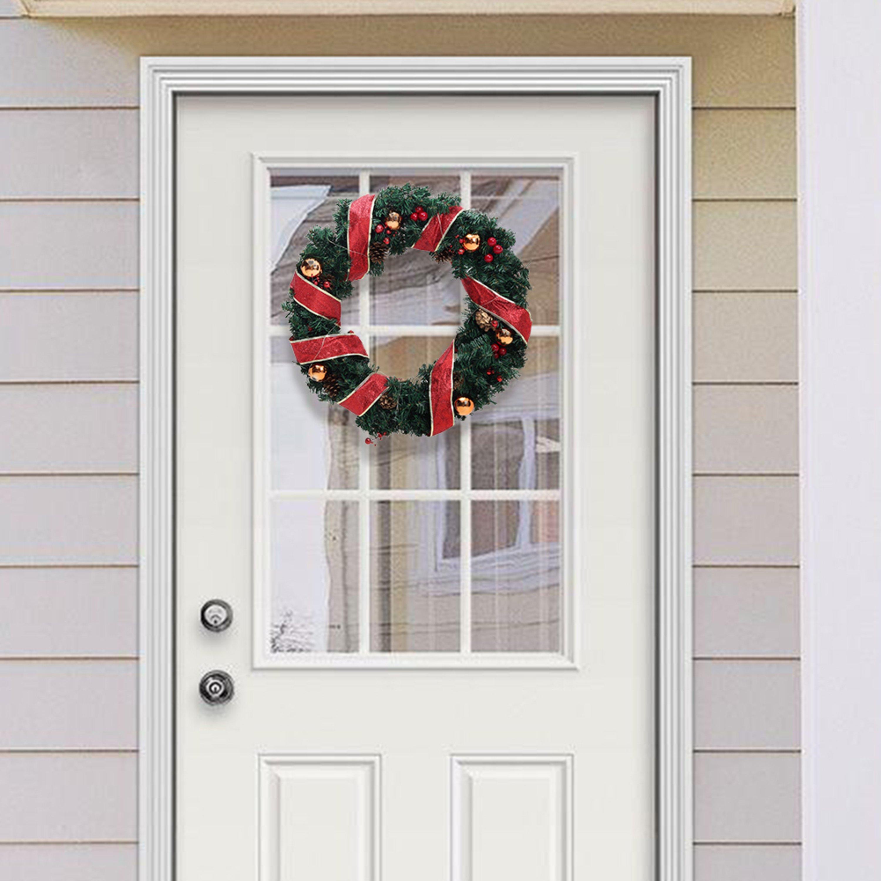 Life Ideas  Ribbon Lighted Wreath Hanging Red