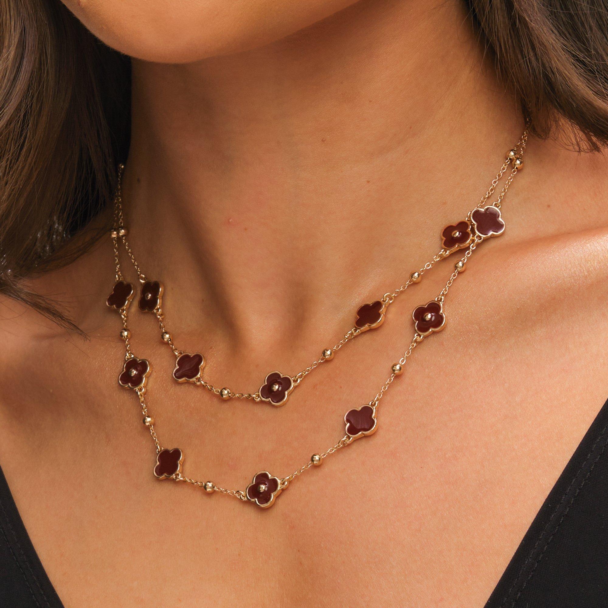 Gold - Mood - Gold Polished & Burgundy Clover Necklace - 2