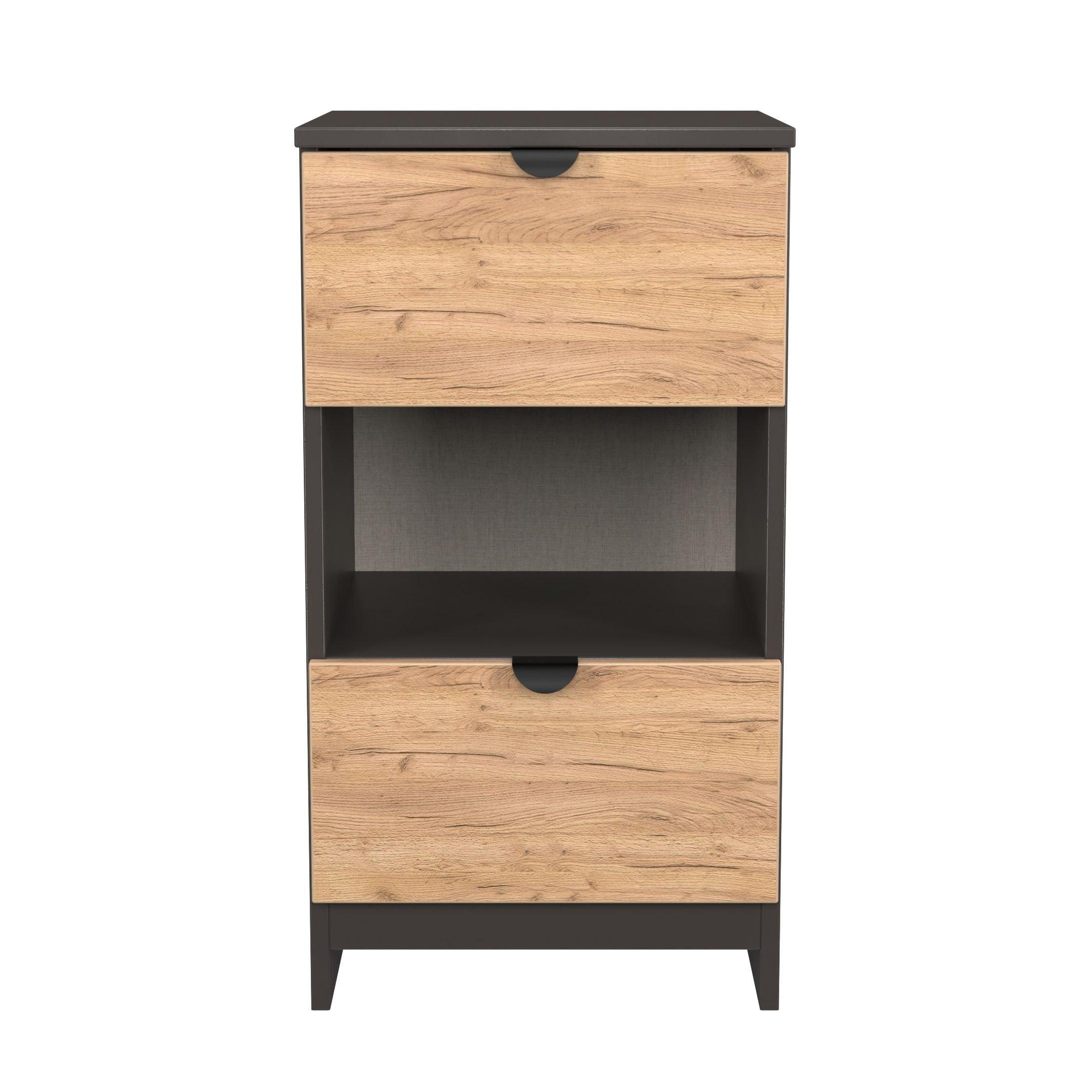 Craft Oak & Gra - Welcome Furniture - Solomon 2 Drawer Open Shelf Bedside Cabinet - 1
